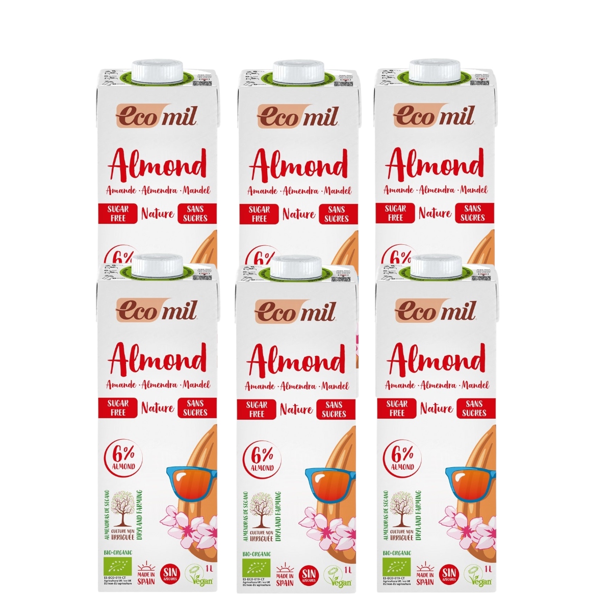 6× Mandlový nápoj bez cukru Bio 1L Ecomil