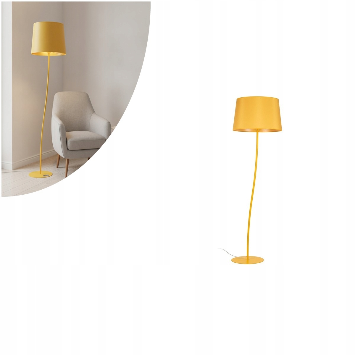 Žltá podlahová lampa Nicola klasická vedľa kresla v obývacej izbe Tk Lighting