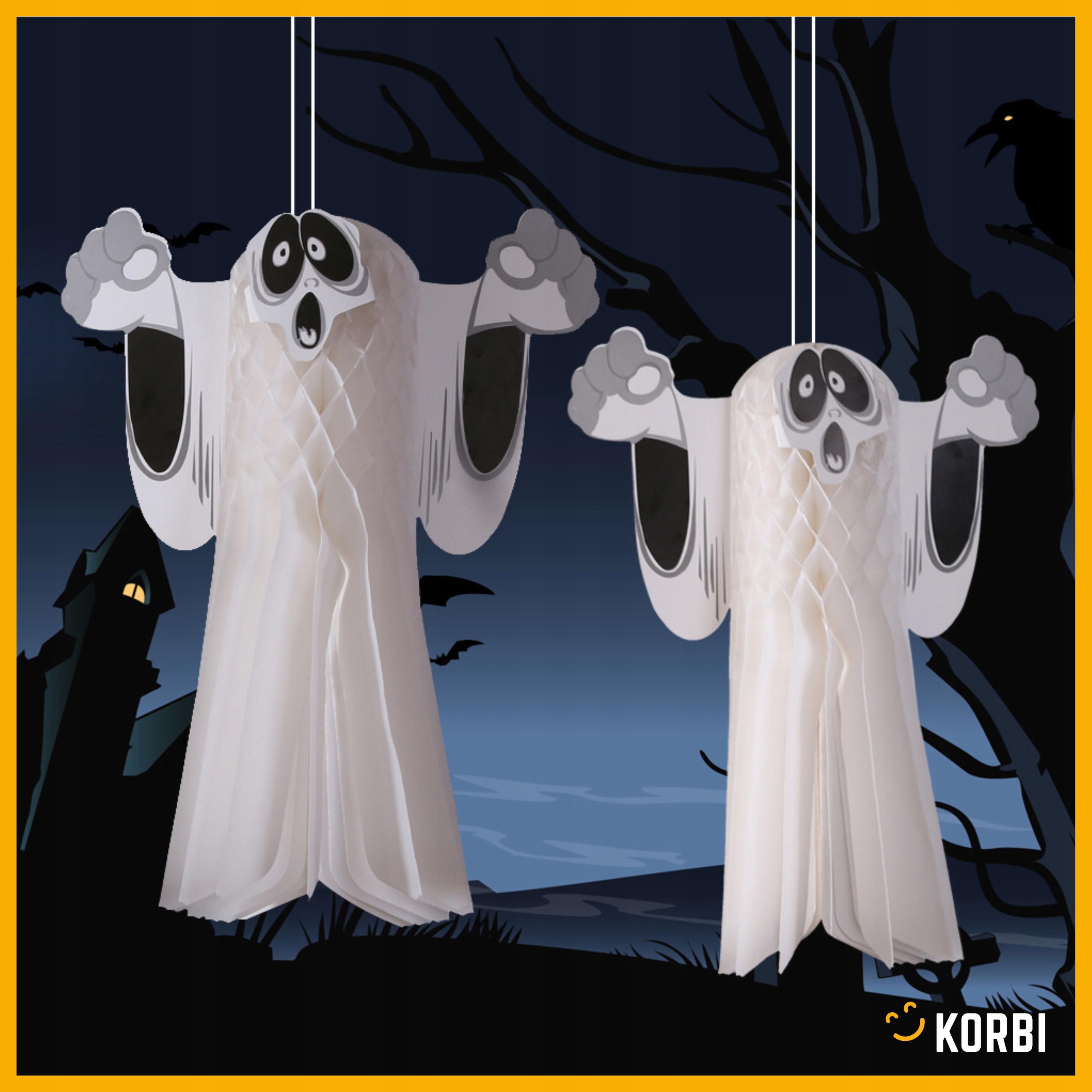 DUCH DEKORACYJNY OZDOBA HALLOWEEN PAPIEROWE WISZĄCE DUSZKI BIAŁE 3D 2SZT Marka Korbi