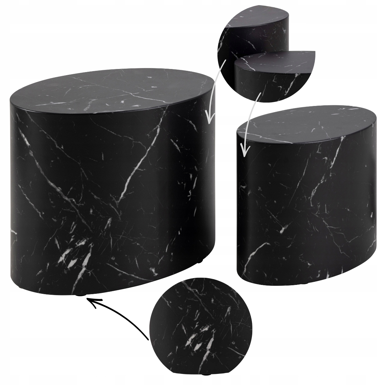 Sada 2 Oválnych Kávových Stolíkov s modernou imitáciou čierneho mramoru