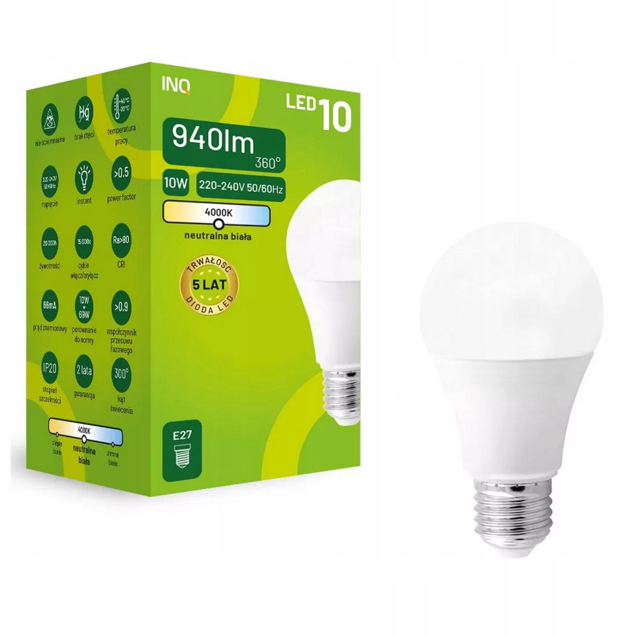 

Inq lampa Led E27 10W 940lm A60 4000K neutralna