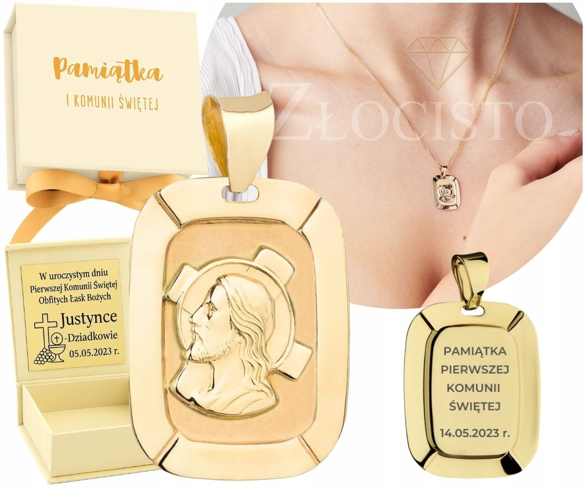 Złoty Medalik Prostokątny Z Wizerunkiem Jezusa 585 Chrzest Komunia