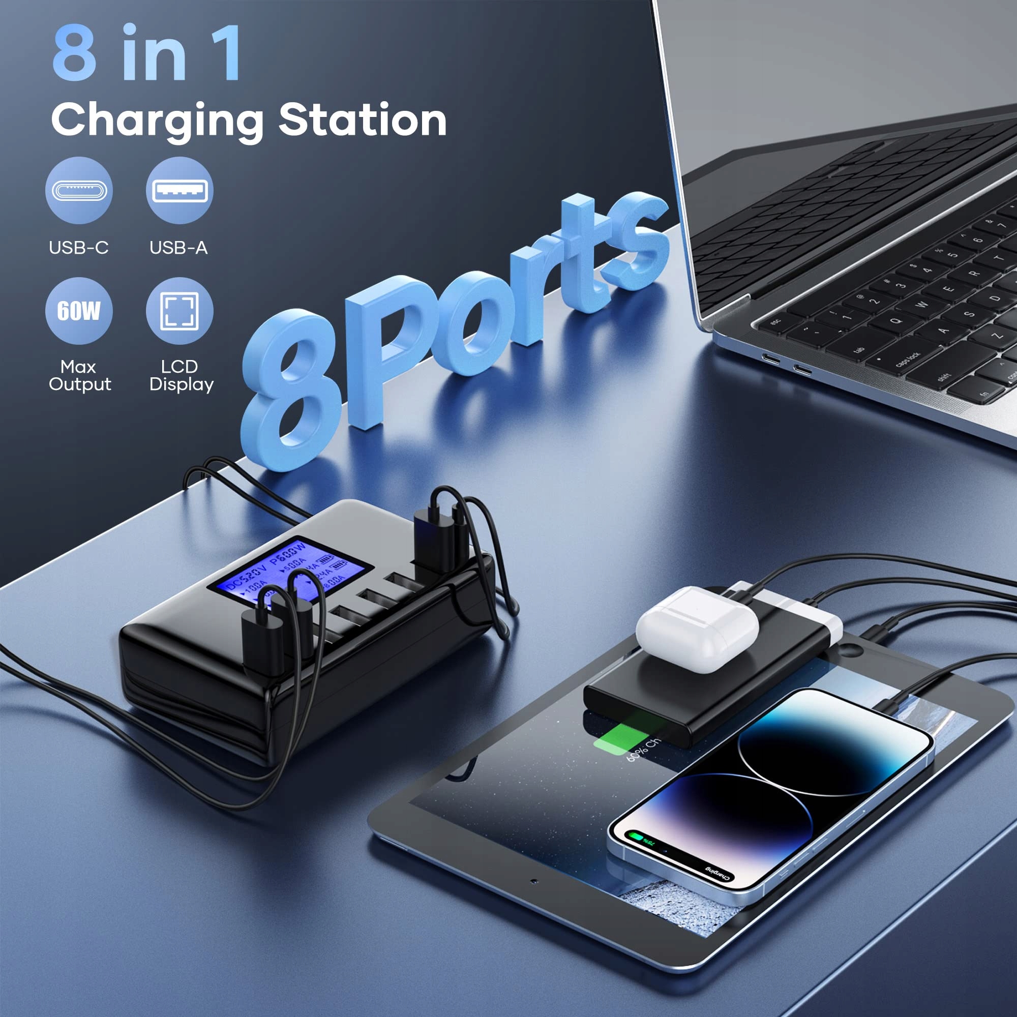 Ładowarka USB, 60 W, 8 portów USB, stacja ładująca 12 A — miniatura 2