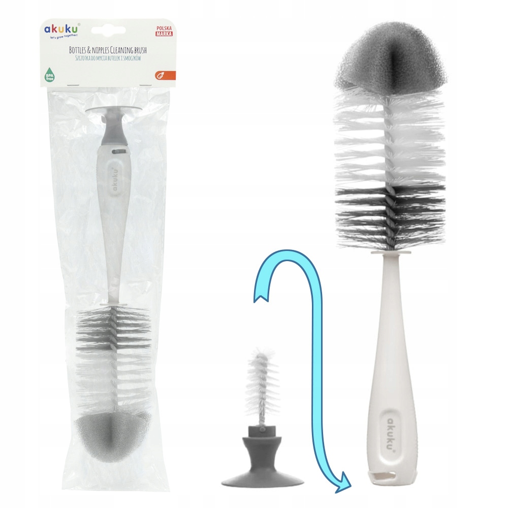 AKUKU SZCZOTKA DO MYCIA BUTELEK SMOCZKÓW z przyssawką 2w1