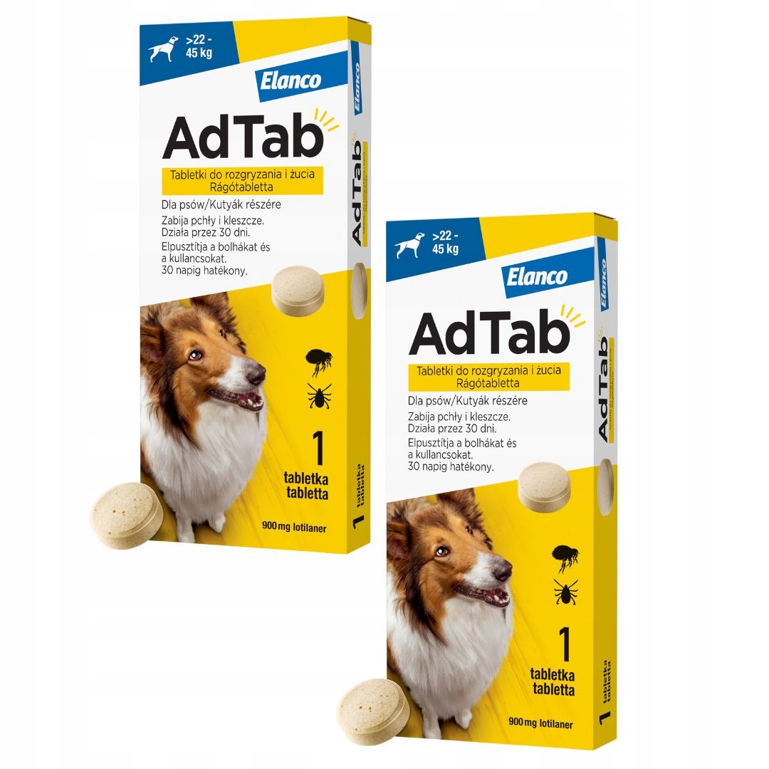 Adtab Dog tabletka na pchły i kleszcze dla psa 22- 45 kg 900 mg 2x1 tab.