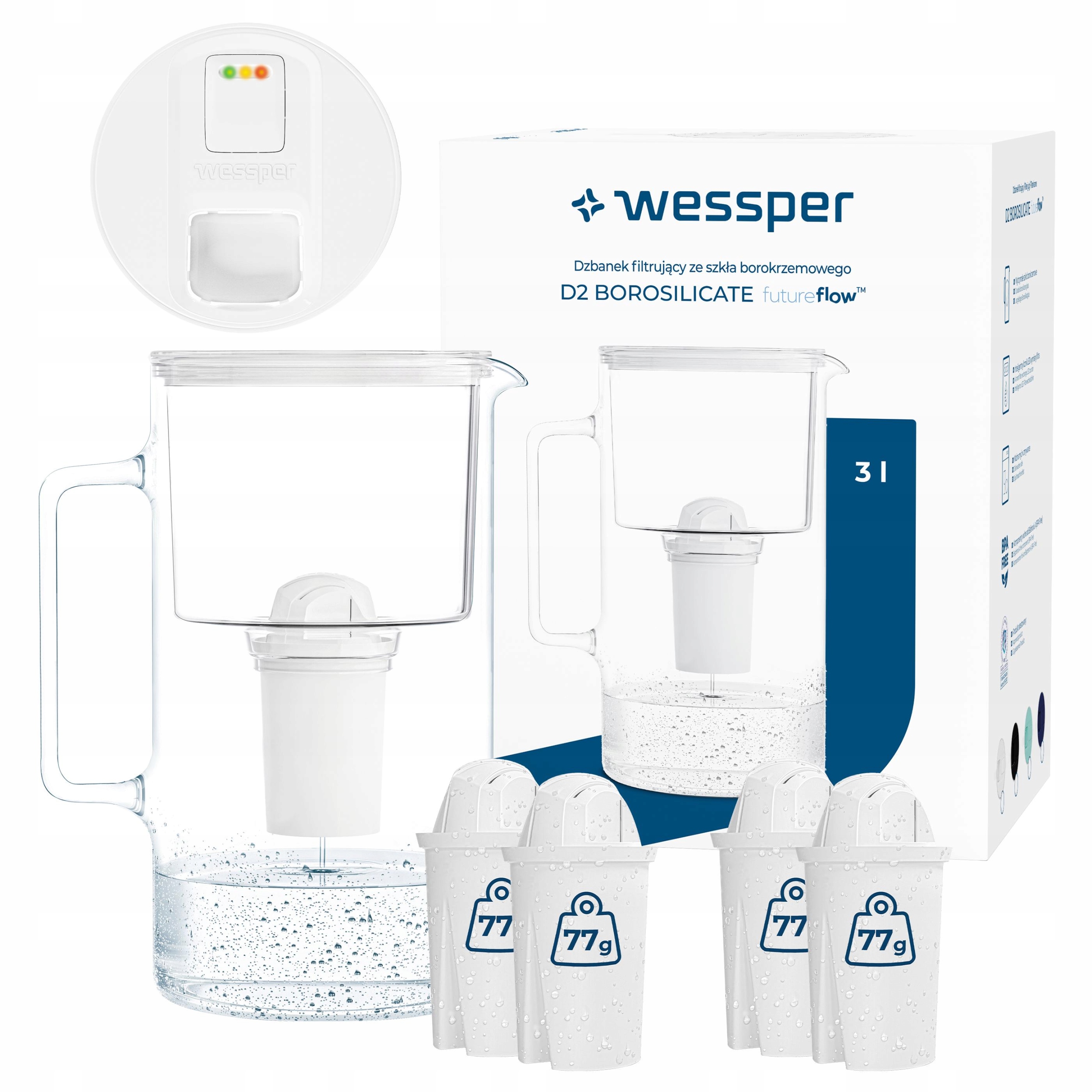 Dzbanek filtrujący szklany Wessper D2 Borosilicate 3l Led 5x filtr wody