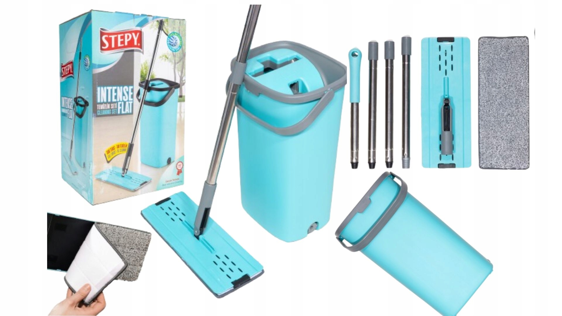 MOPです Mop Płaski z Wiadrem Dwukomorowym z Wyciskaczem Stepy