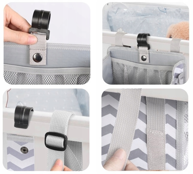 ORGANIZER NA ŁÓŻECZKO PRZYBORNIK MAMY DZIECKA Kolor dominujący odcienie szarości i srebra