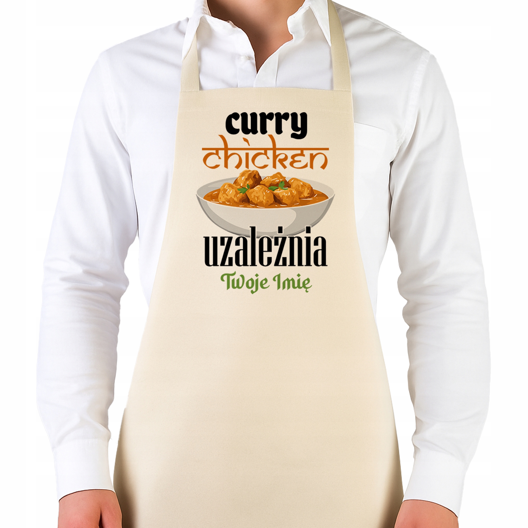 Kuchyňská béžová bavlněná zástěra pro indickou restauraci Curry Chicken