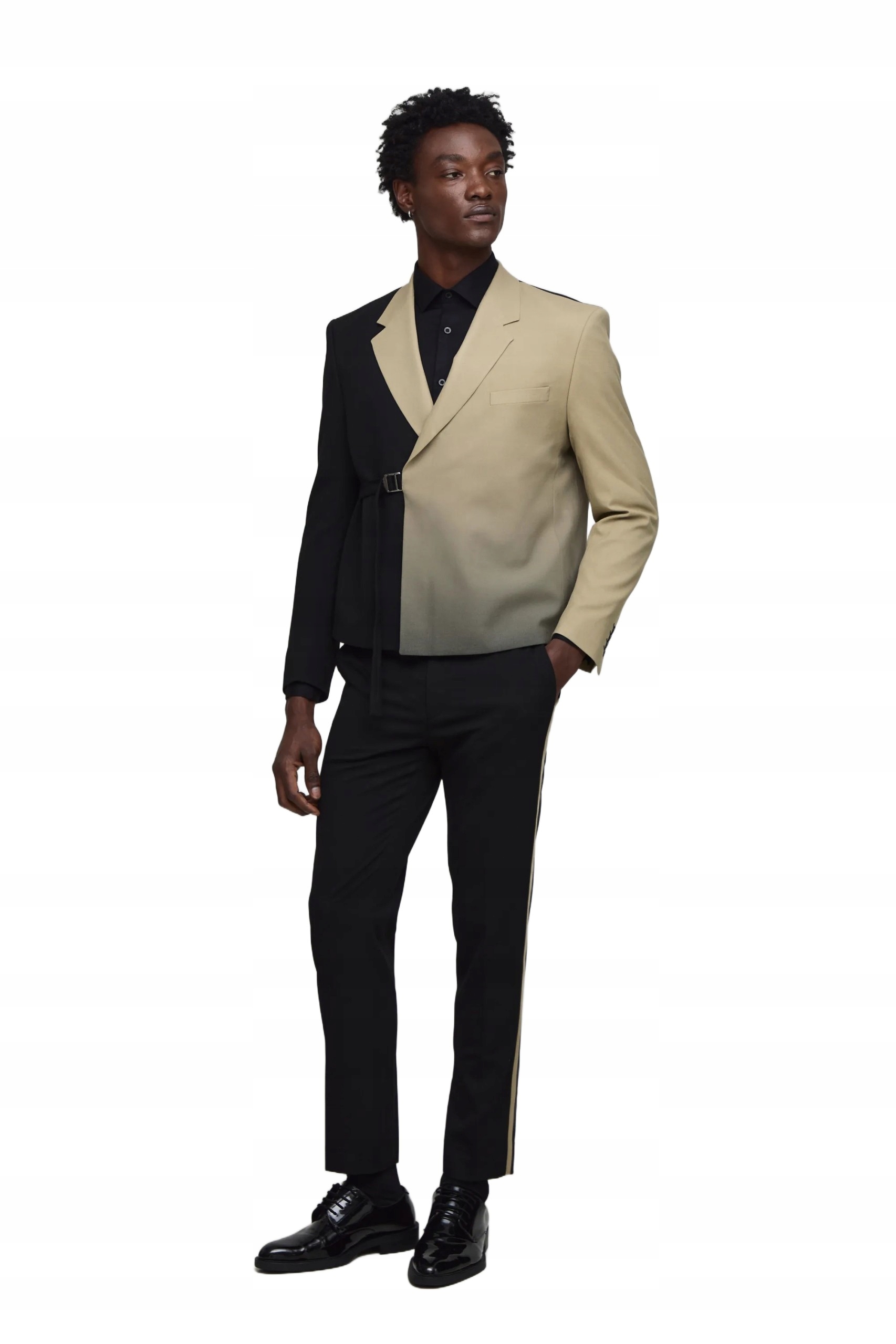 Boohooman Pánský Dvouřadý Slim Oblek Béžovo-černý S Páskem 36 Z3A*