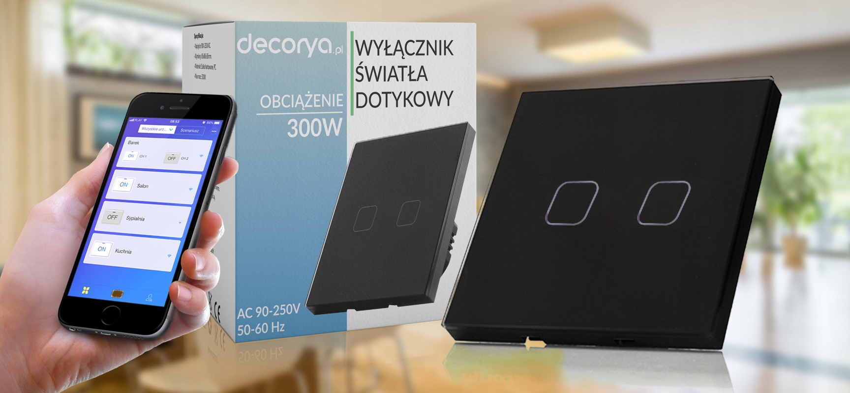 BEZPRZEWODOWY WŁĄCZNIK ŚWIATŁA DOTYKOWY STEROWANY TELEFONEM APLIKACJA TUYA Marka Decorya