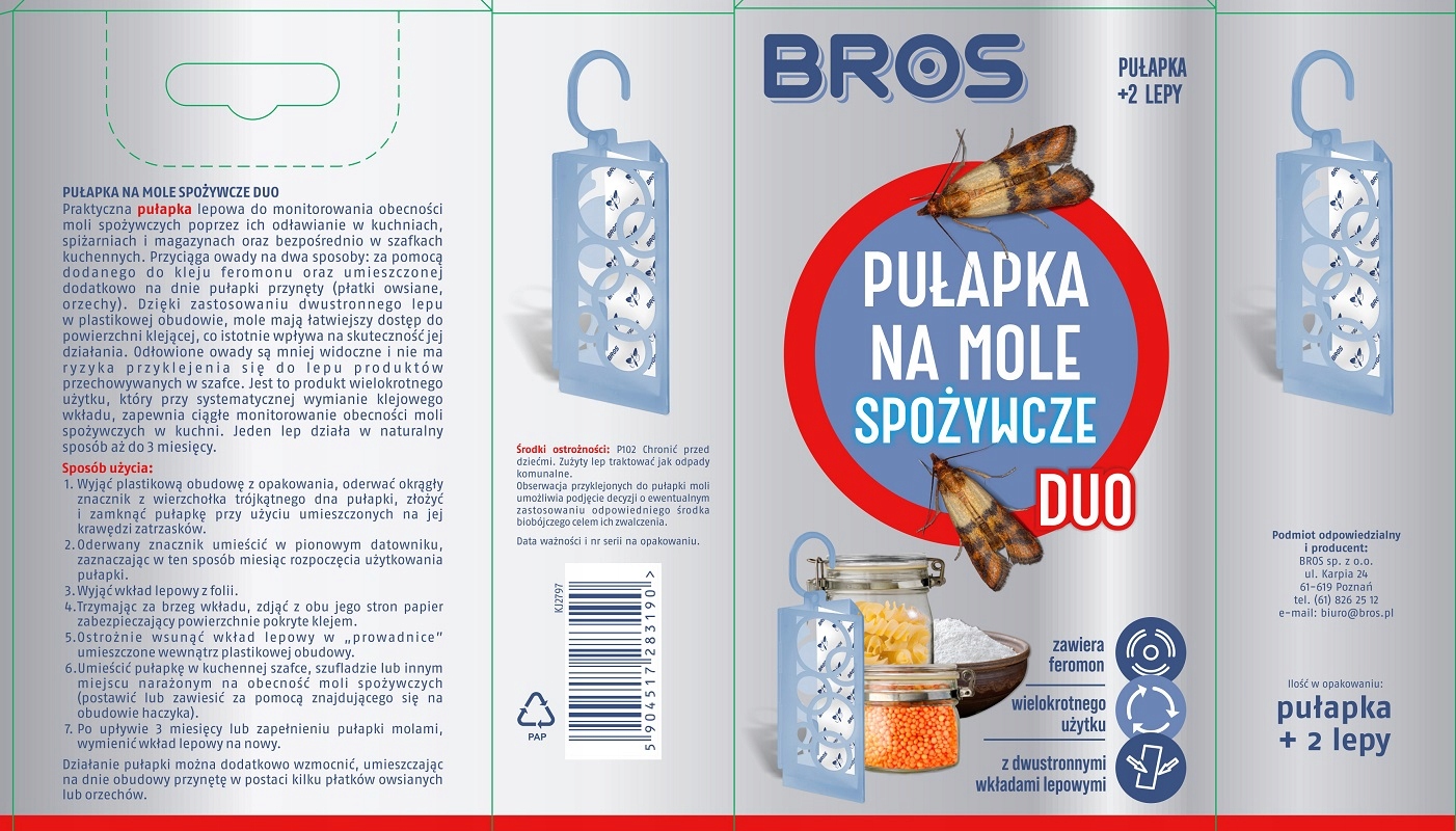 Bros PUŁAPKA LEP NA MOLE SPOŻYWCZE DUO + 2 WKŁADY Stan opakowania oryginalne