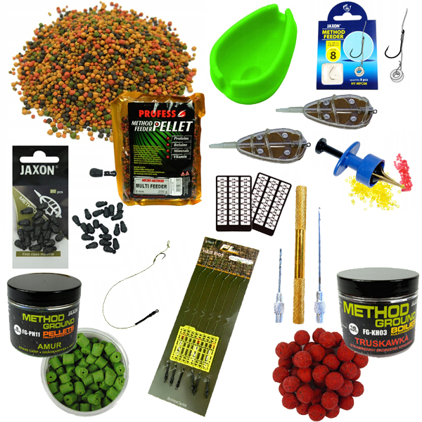 Zestaw 61 akcesoriów Method Feeder jaxon Pellet Kulki Koszyk Forma haczyki