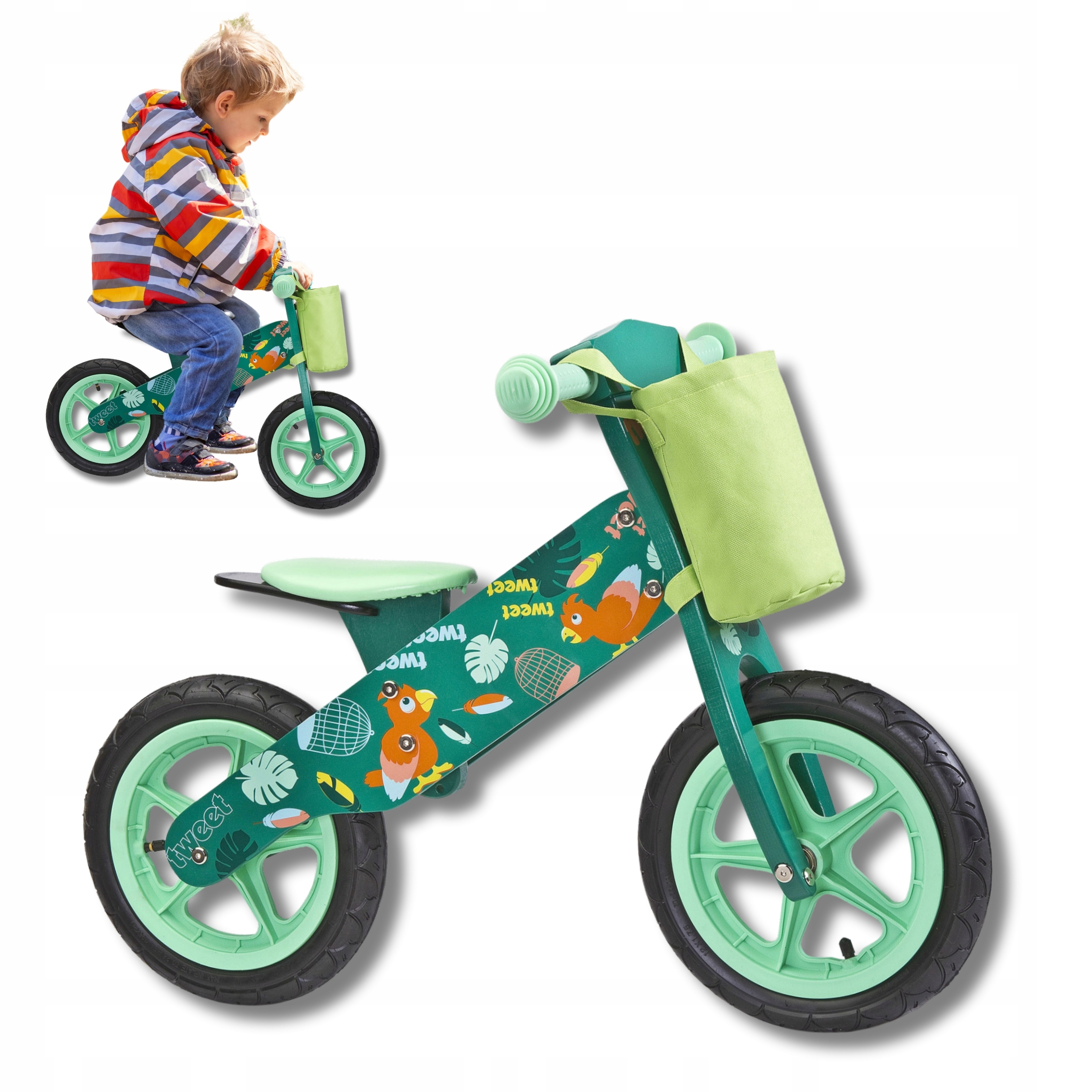 Rowerek Biegowy Drewniany Zap Zielony 12 Cali Rower Balansowy Regulowany