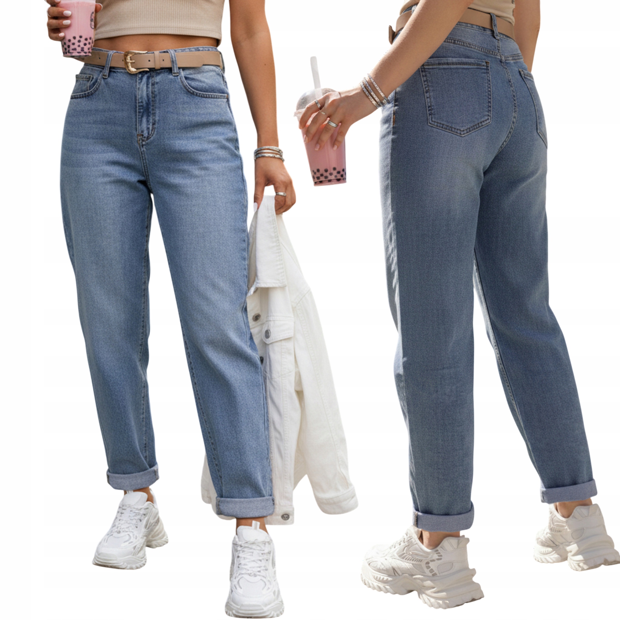 Jeansowe spodnie damskie z wysokim stanem baggy niebieskie UY2887 M
