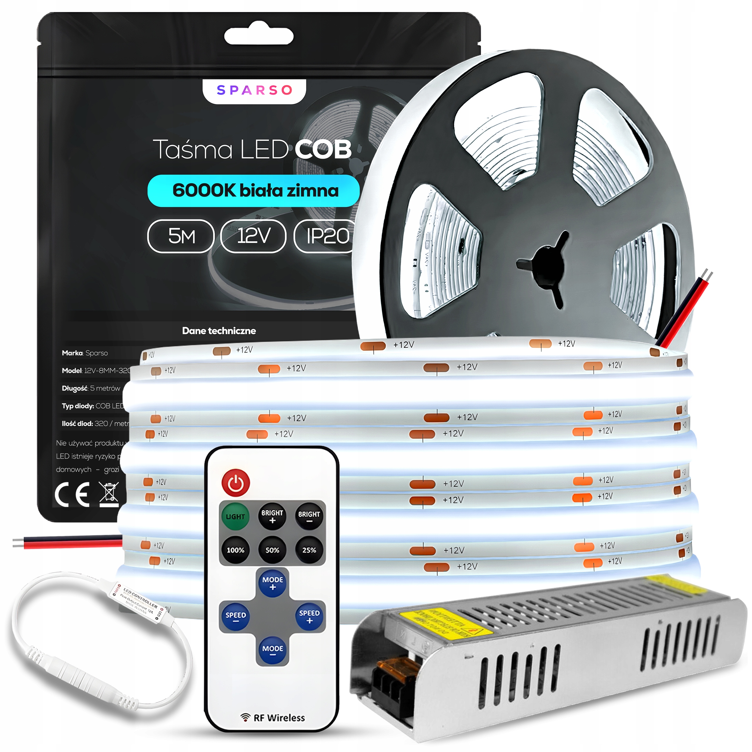 Zestaw Taśma Led Cob Neon 5m 12V 6000K Biała Zimna mocna Zasilacz Pilot