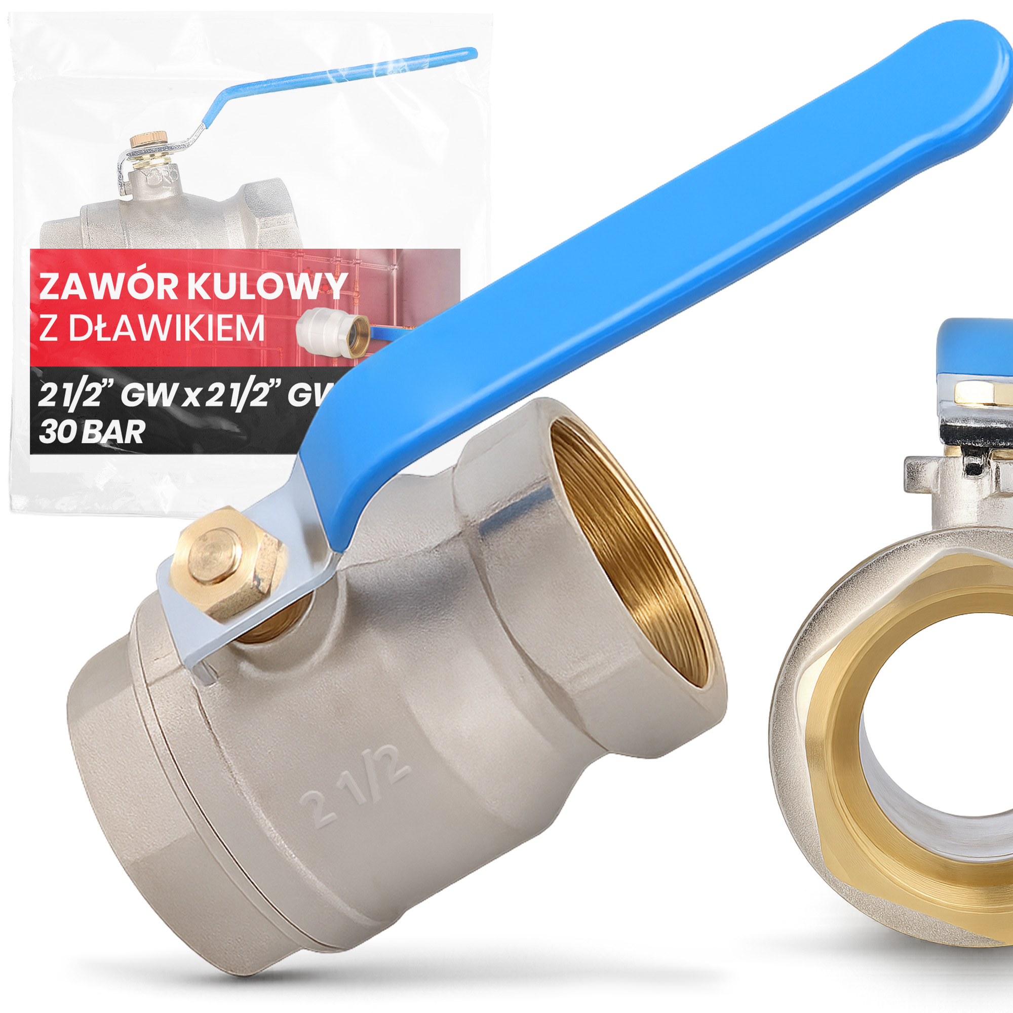 Guľový Ventil 2 1/2 Gw Tlmič 30 bar Mosadz Rukoväť Silná Fu