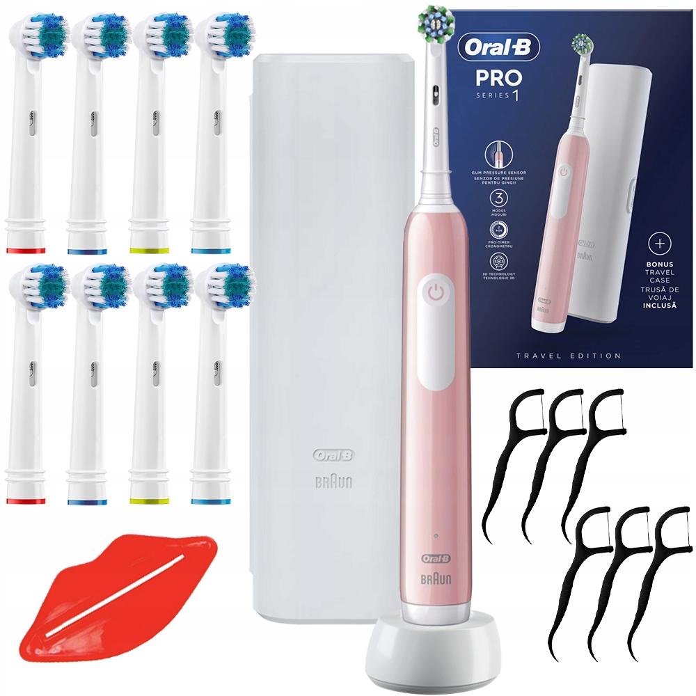 Zestaw Oral-b Pro 1 Szczoteczka Elektryczna Do Zębów Różowa Etui Końcówki