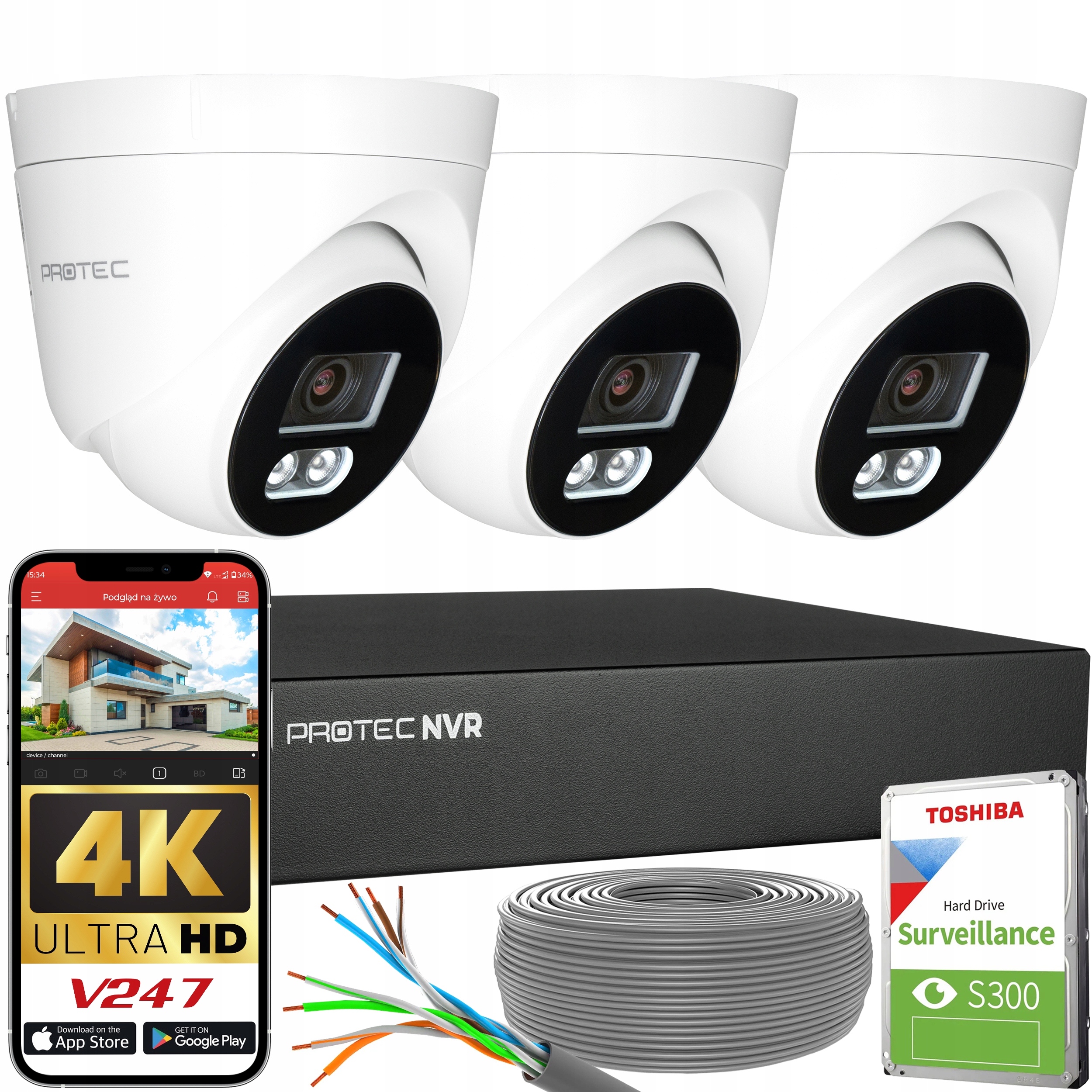 Sada pro monitorování 3 kamer Ip 8MP 4K Poe Detekce osob Hdd