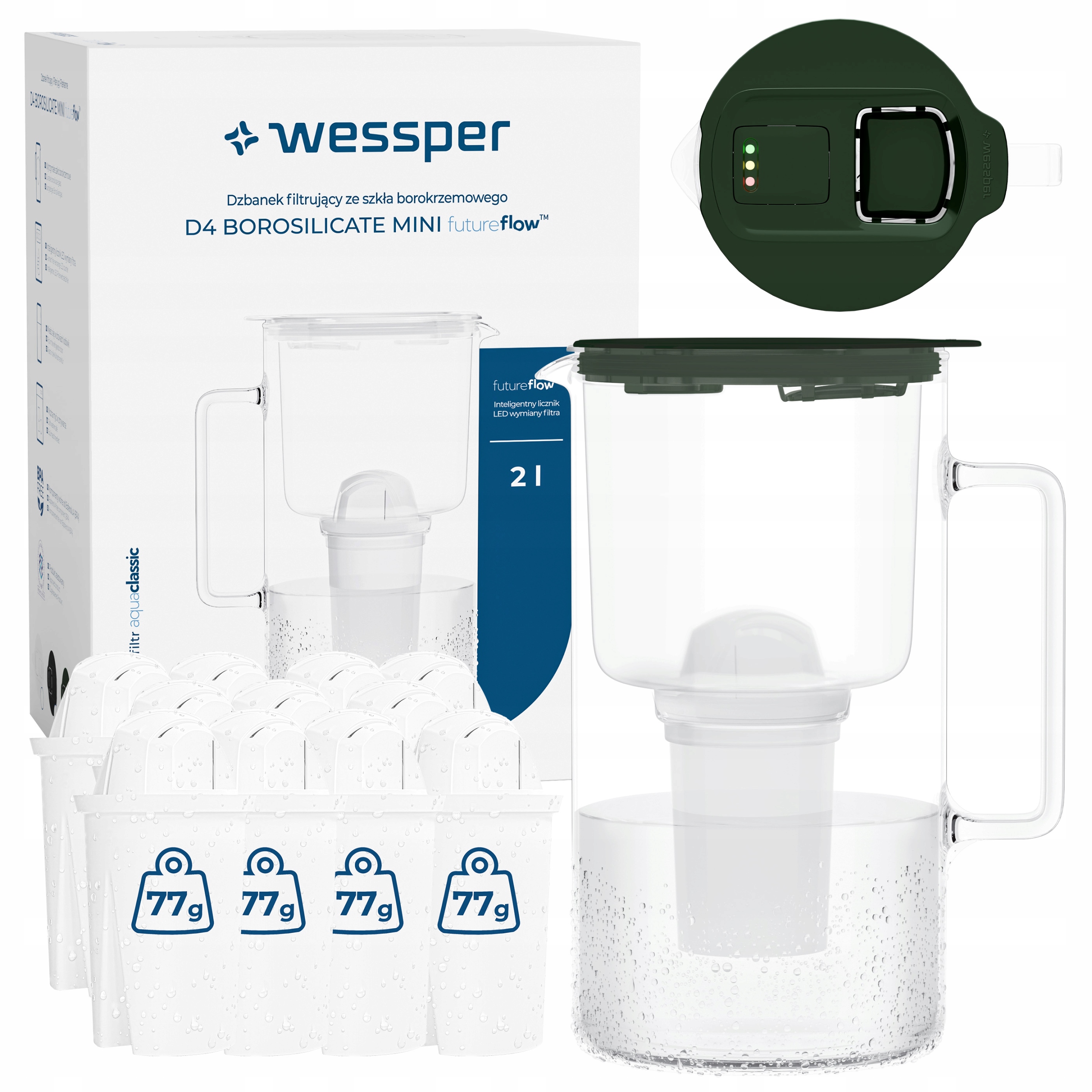 Skleněná filtrační konvice Wessper D4 Borosilicate Mini 2 l 12 ks filtru