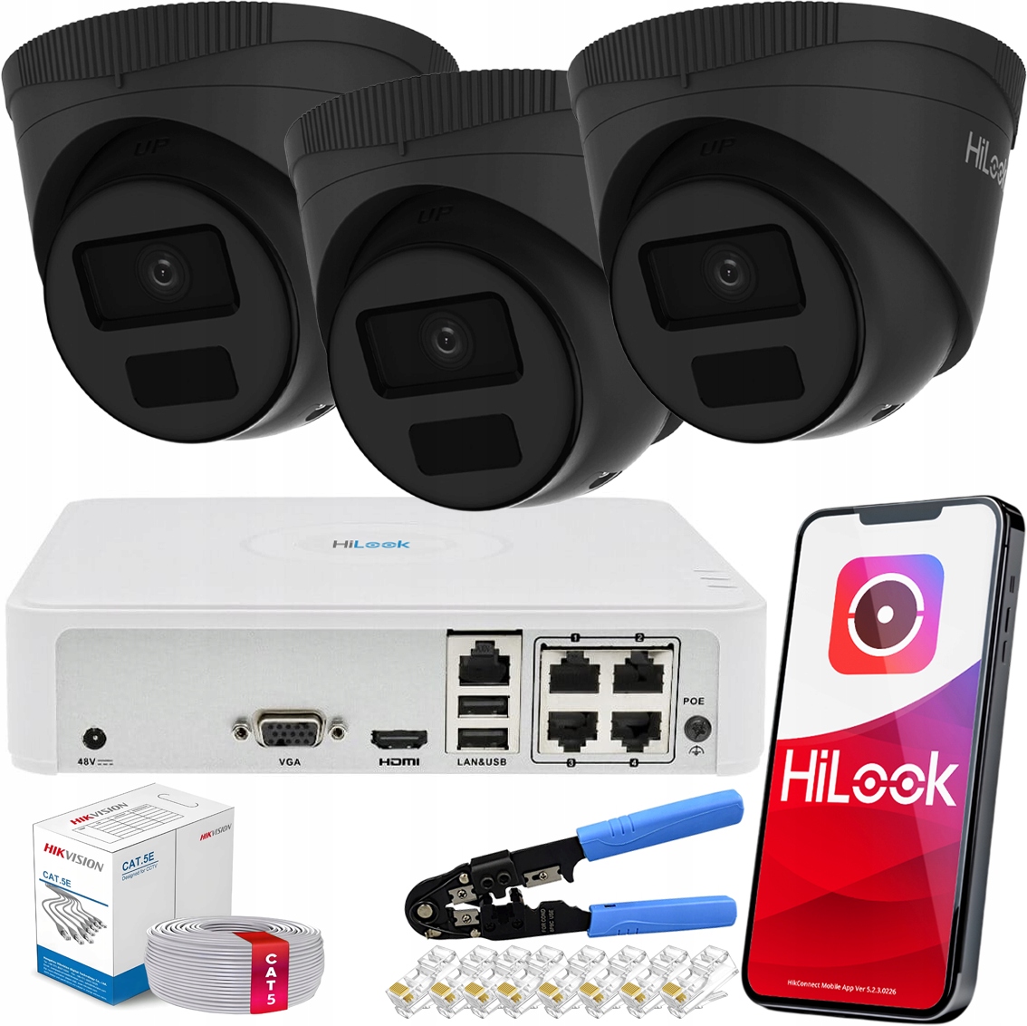 Monitorovací sada 3 venkovních kamer IPC-T241H-C Hilook by Hikvision PoE