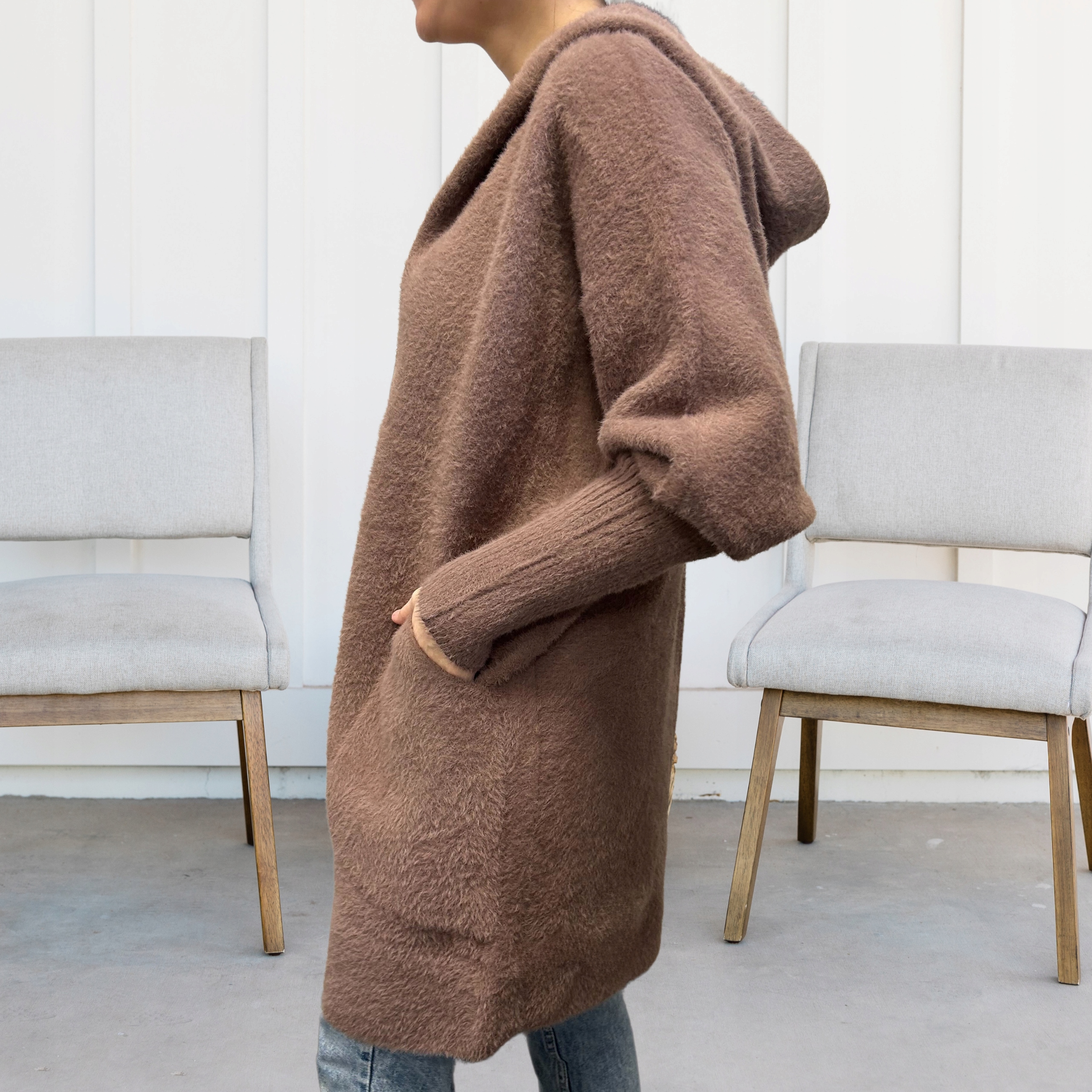 ALPAKA DAMSKA PŁASZCZ KURTKA SWETER CIEPŁA DŁUGA KAPTUR SUWAK MOKKA 2022 Model 2022