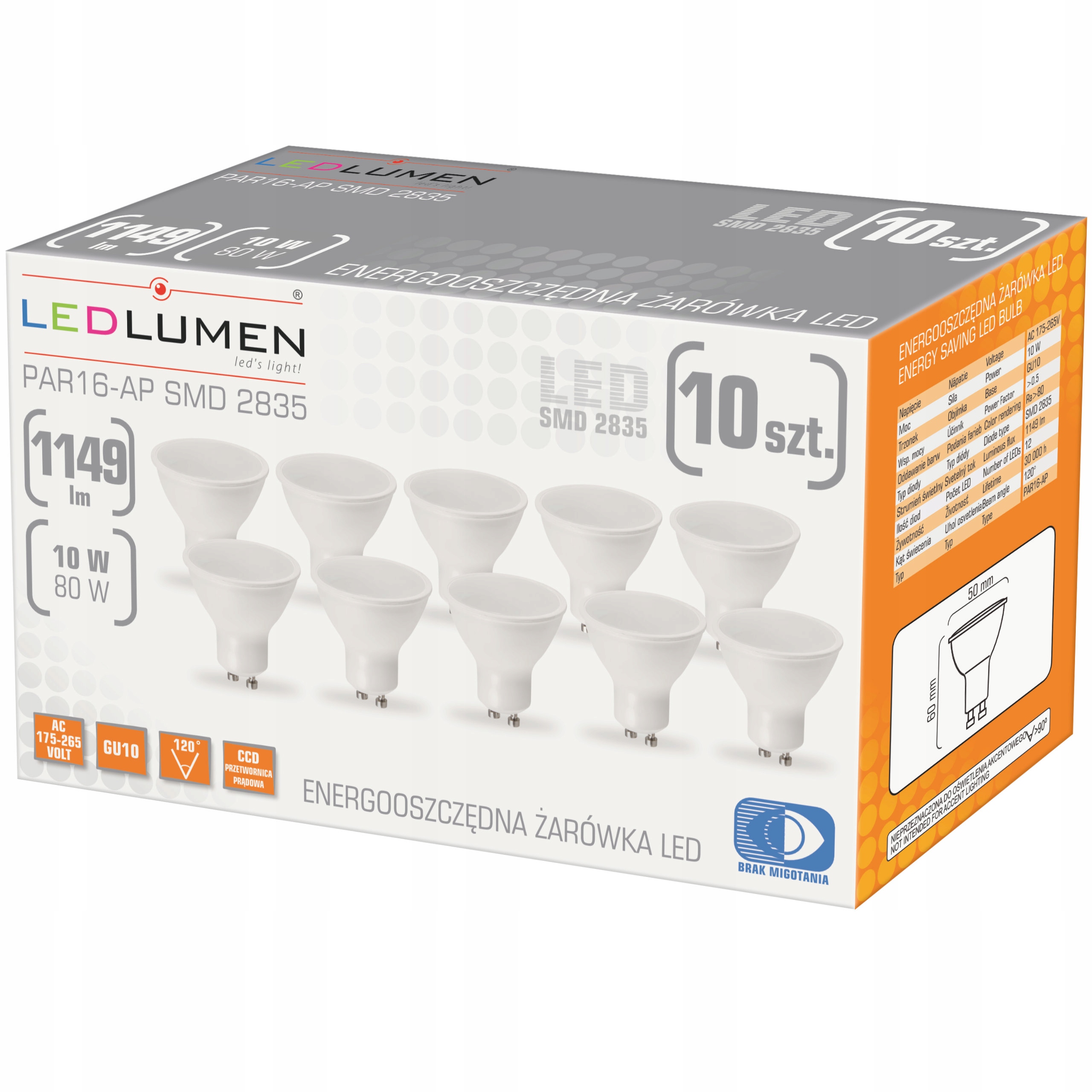 

Zestaw 10x Żarówka Led GU10 10W=80W Smd 1149lm CCD
