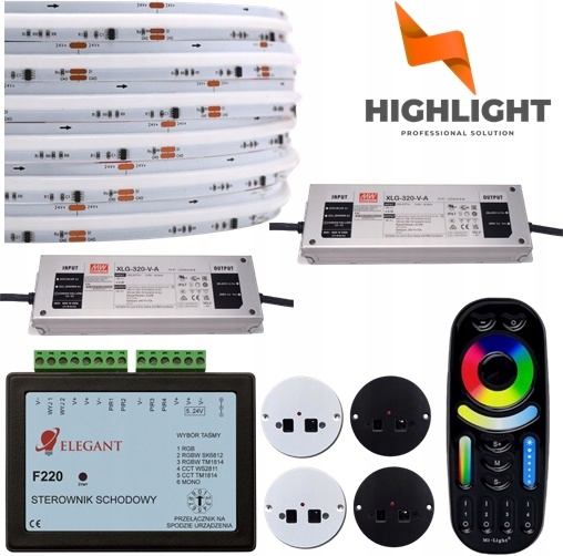 20m Schodiskový set F220 Polovičná digitálna páska Cob Rgbw 14W/24V 4xSnímač