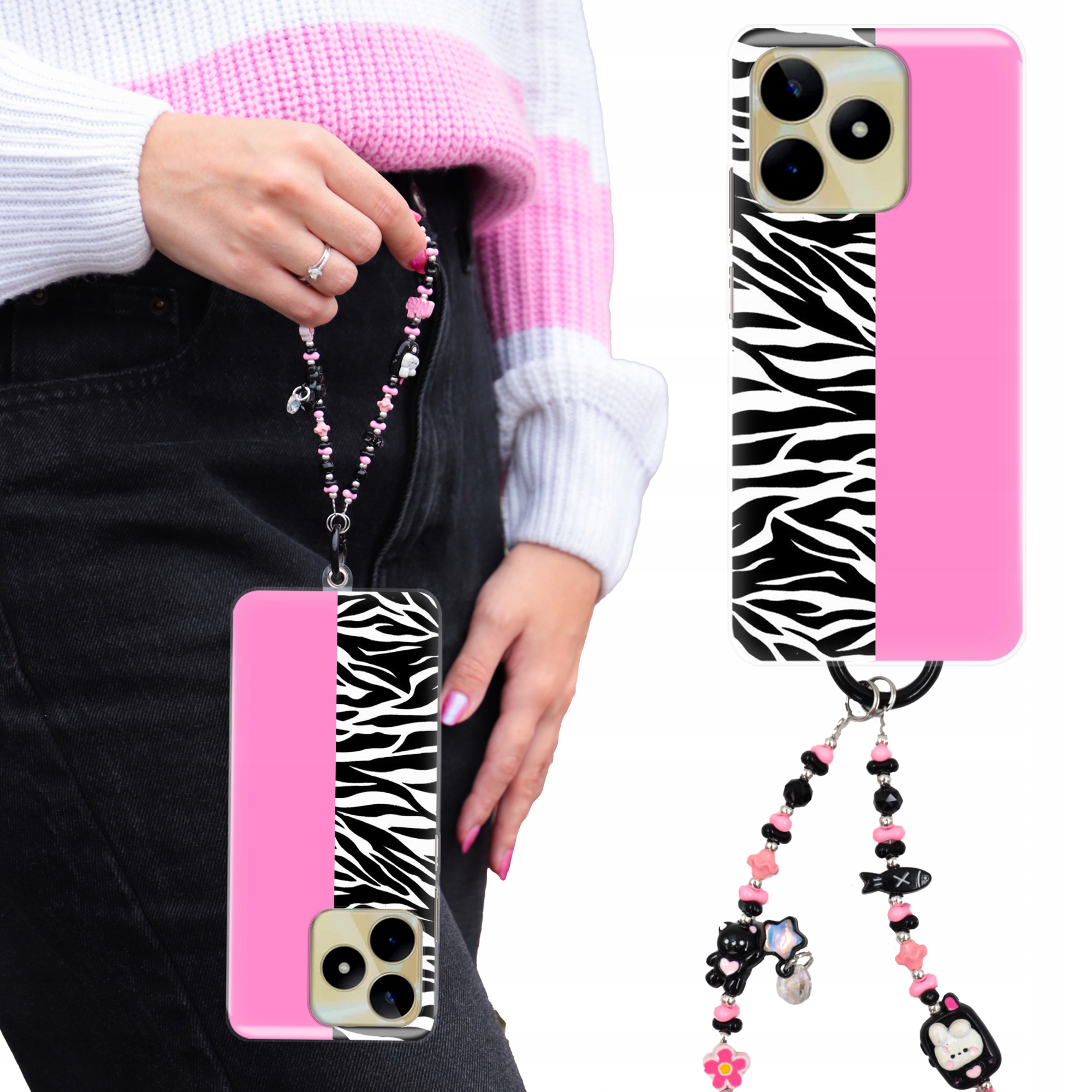 Puzdro Pre Realme Note 50 Case Clear |tpu| Kľúčenka Mačiatko Ružovo-čierna Vzory