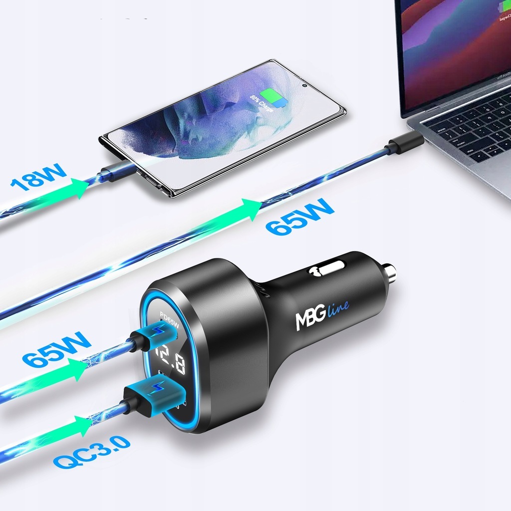 MBG Line Ładowarka Samochodowa USB C PD 65W +QC3.0 Złącza USB typ C USB