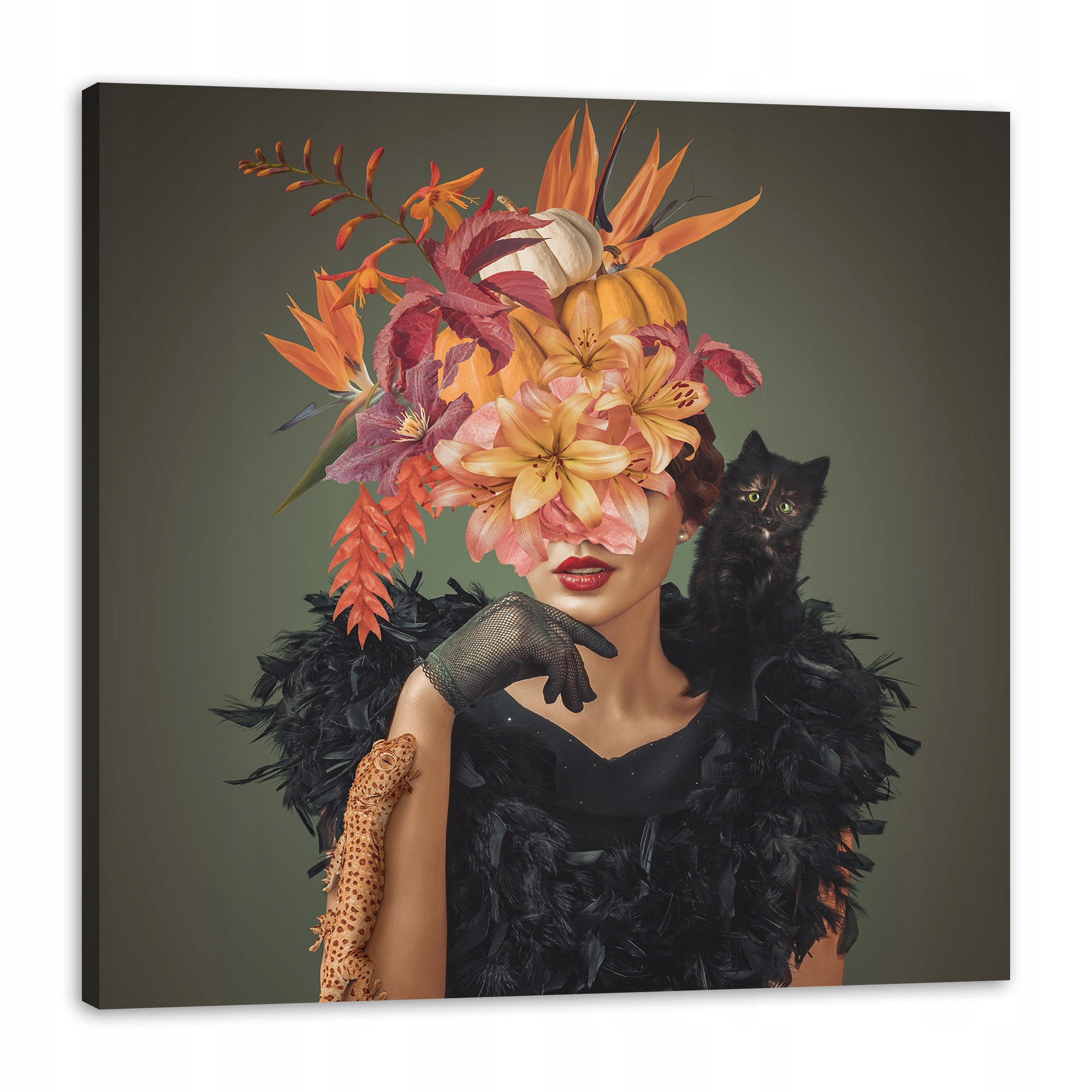 Obraz na plátně Dáma s kočkou Květiny Černá 80x80 cm Ideální jako dárek