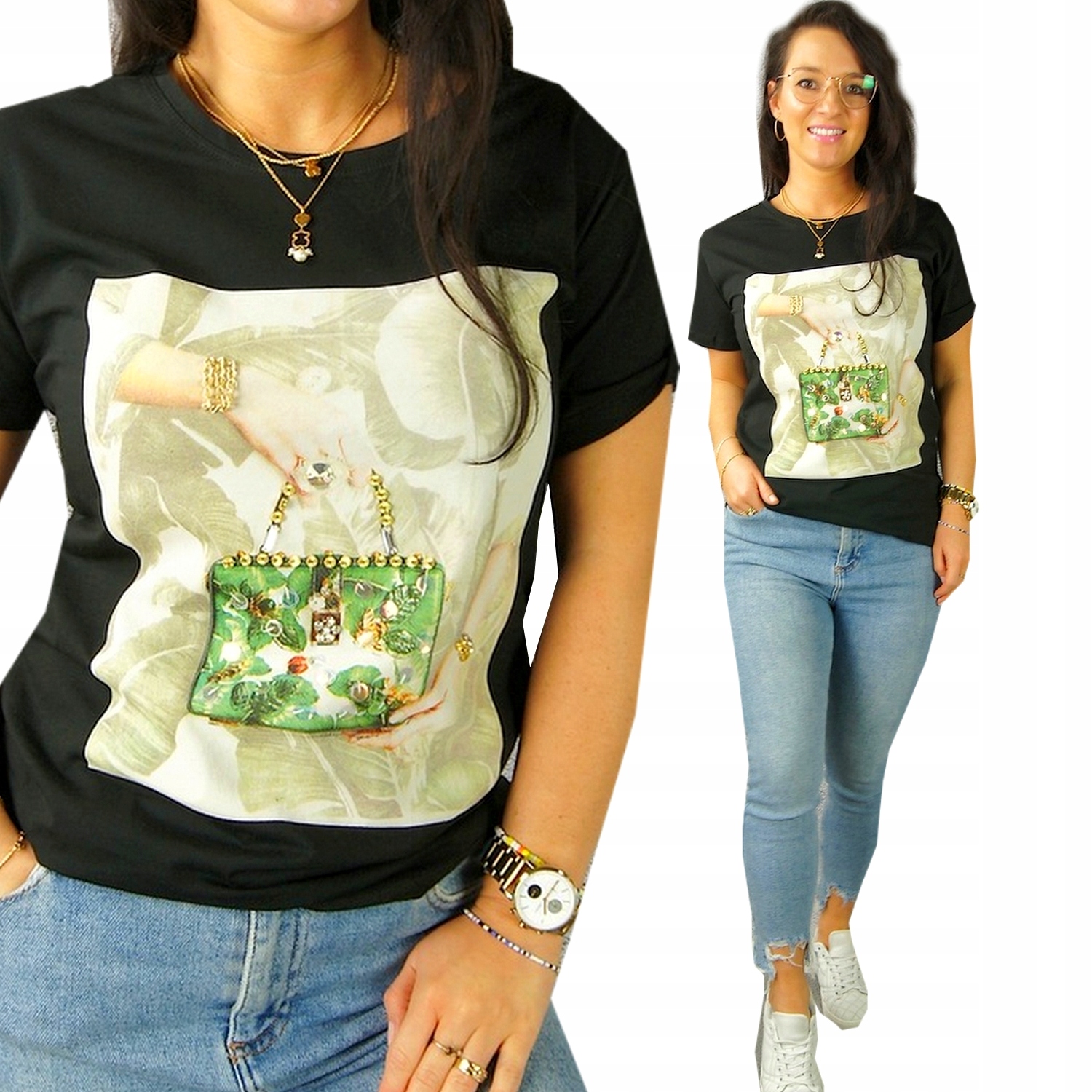 

Bluzka Damska T-shirt Z Dżetami Błyszcząca Blink L