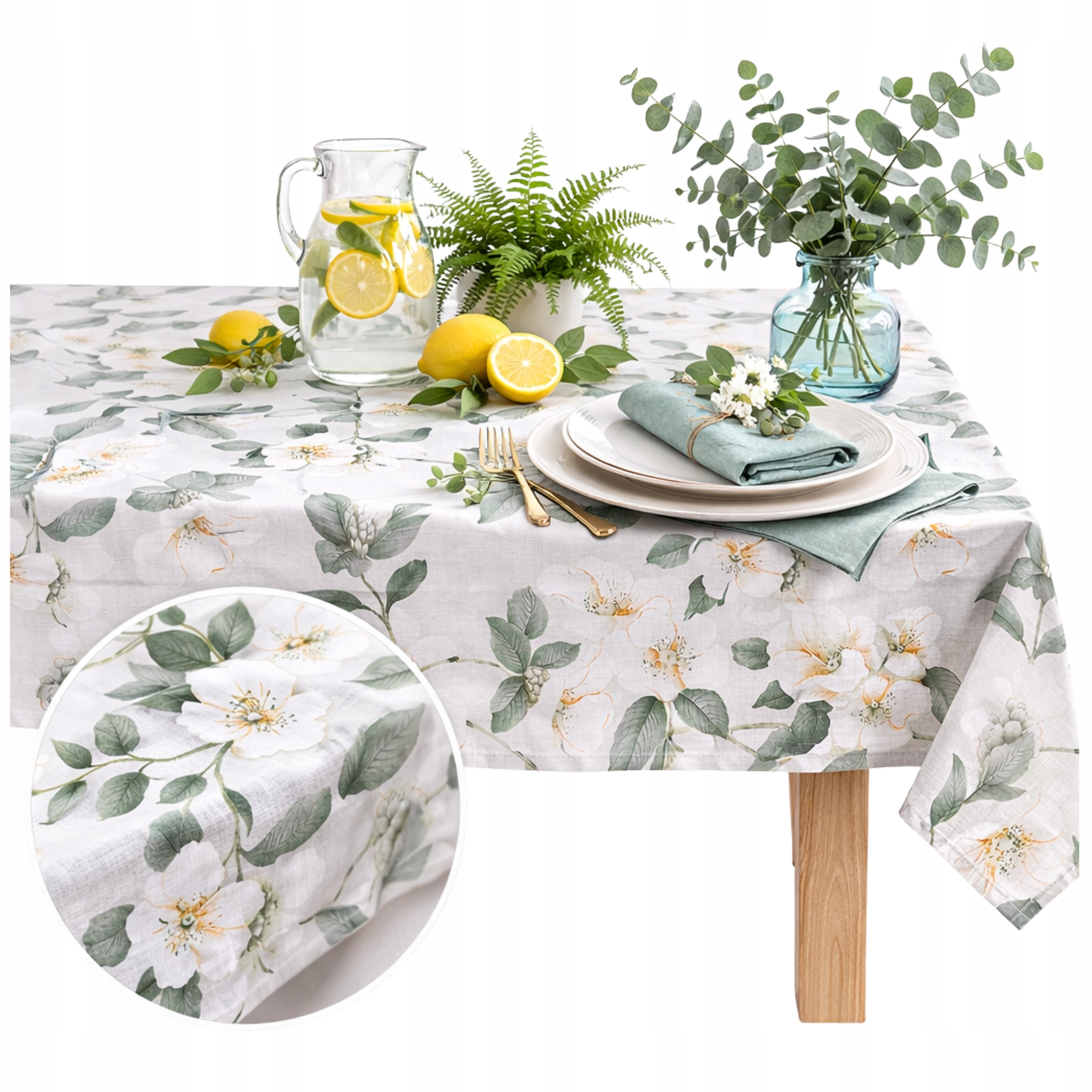 Obrus 140x180 Len Naturalny Kwiatowy Zielone Liście Rustykalny Boho lniany