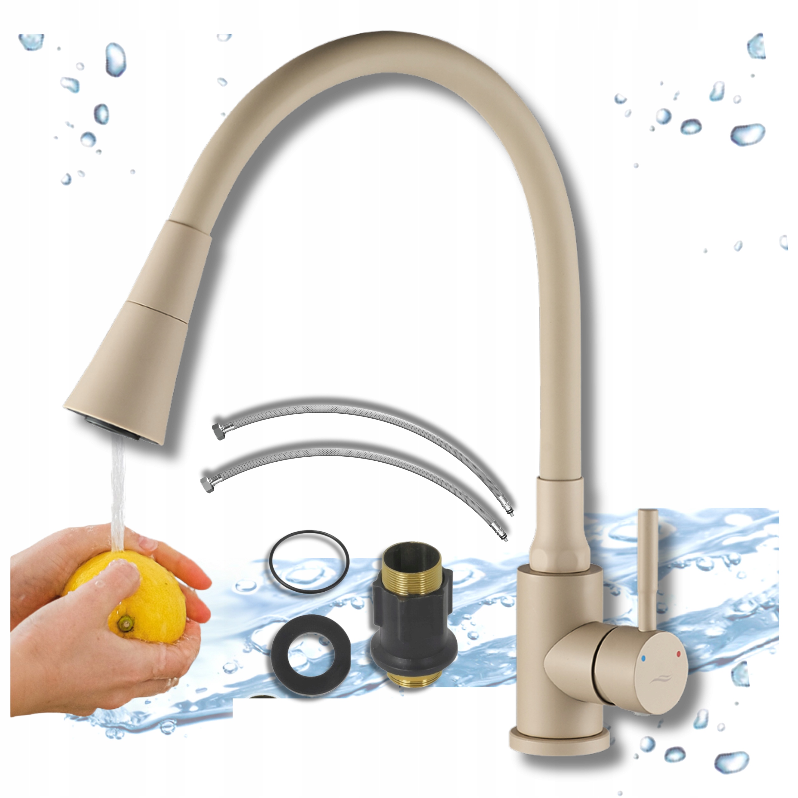 Kuchyňská Baterie Béžová Stojící ke Dřezu Flexibilní Ramínko Vodovodní Kohoutek do Kuchyně