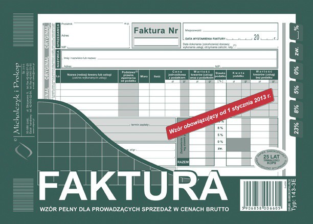 

Druk Faktura Vat 143-3E A5 1+1 Wzór Pełny , Brutto
