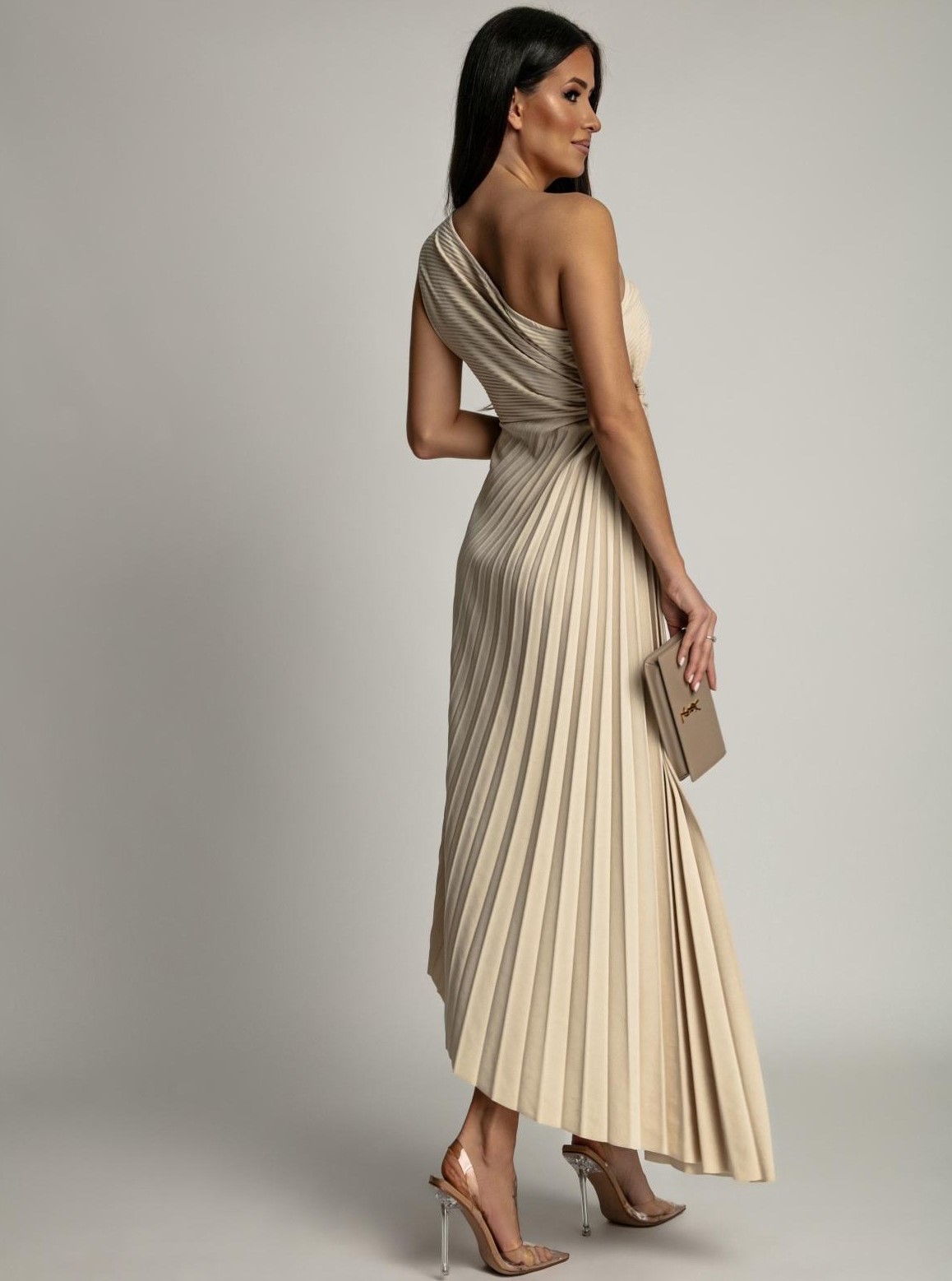 PLISOWANA SUKIENKA KWIATEM BEŻOWA WESELE KOMUNIĘ WIZYTOWA OKOLICZNOŚCIOWA Rozmiar uniwersalny