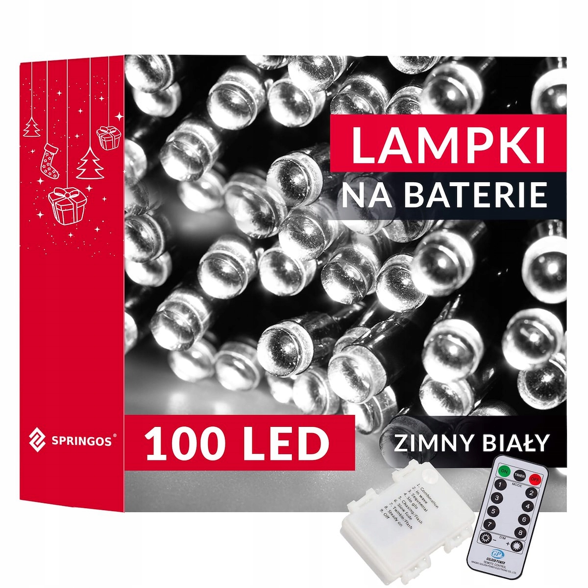 LAMPKI CHOINKOWE 100 LED 10m ZEWNĘTRZNE PILOT TIMER IP44 NA BATERIE BIAŁE Marka Springos