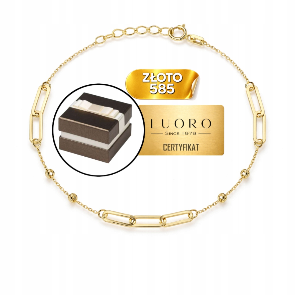 Náramek Zlatý 585 14K Vazba Články Diamantové Kuličky 17 CM Nastavitelné