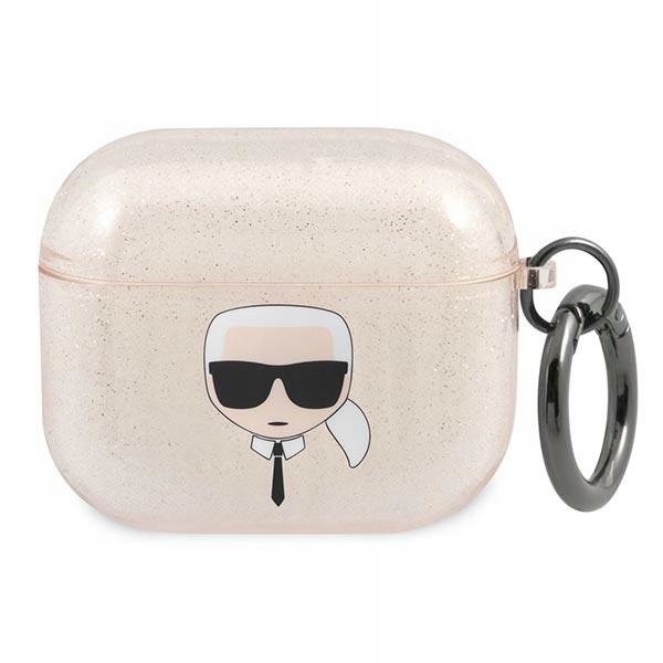 Złoty pokrowiec Karl Lagerfeld na AirPods 3 z brokatem i motywem głowy