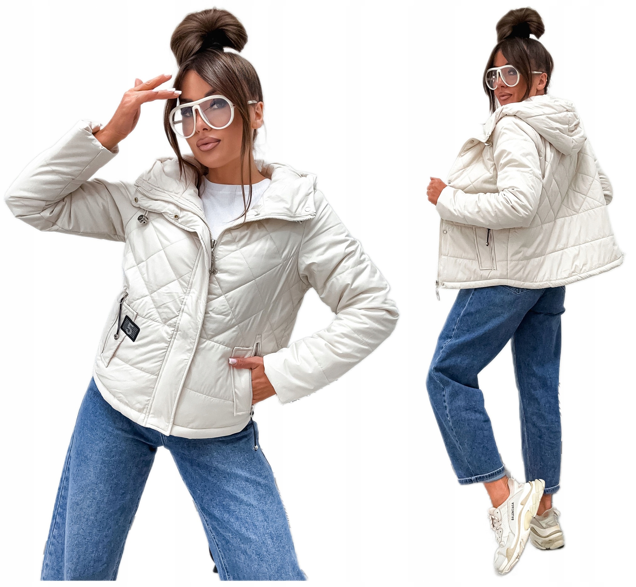 Jesienna przejsciowa pikowana kurtka damska z kapturem 60397 jas beż r XXL