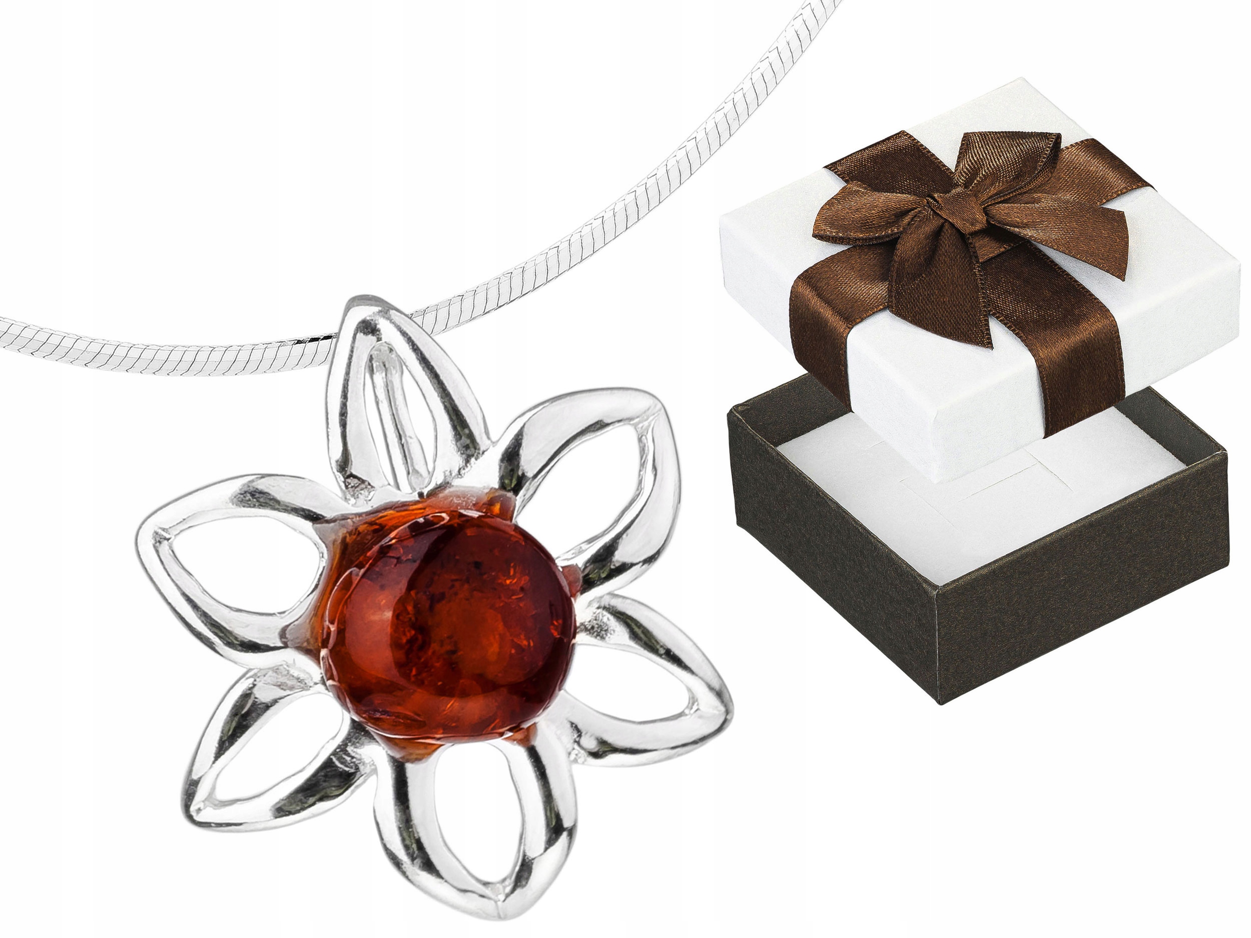 Stříbrný Náhrdelník Květina s Jantarem Prolamovaný Květ Baltský Jantar 55 cm