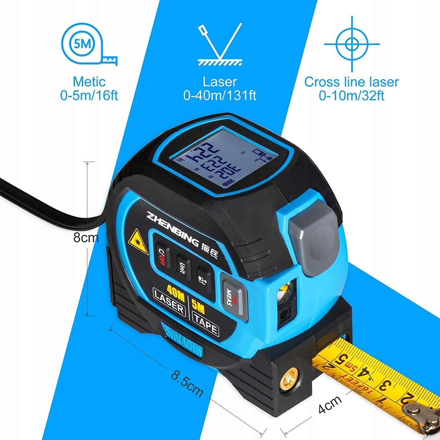 WINTAPE Laserowy Metr 3w1 z Dużym Wyświetlaczem LCD 40M 5M 131ft — miniatura 5