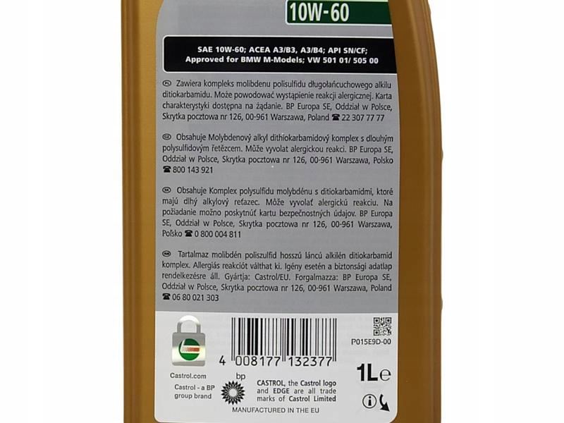 CASTROL EDGE SUPERCAR 10W60 TITANIUM FST 10L Klasa lepkości SAE 10W-60