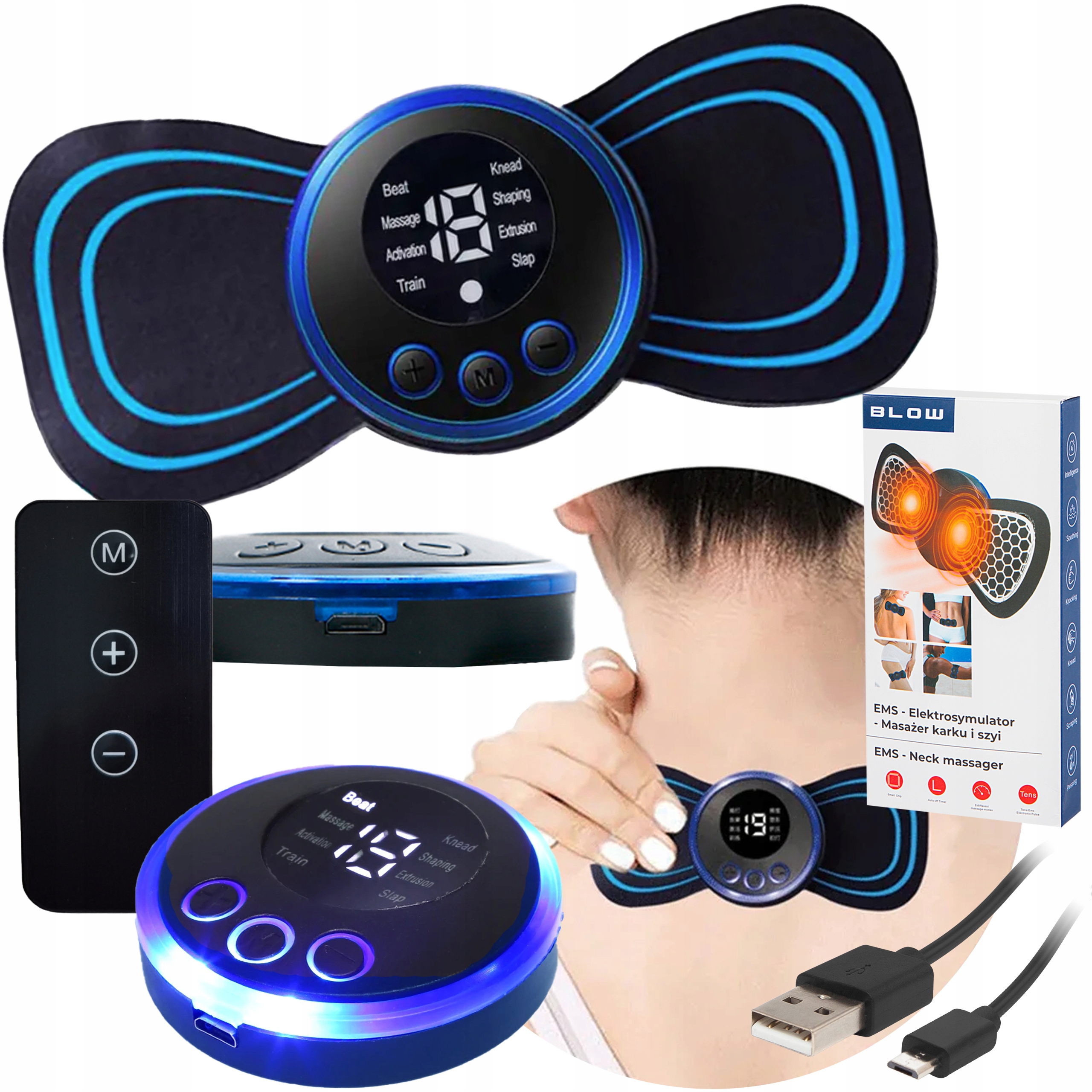 MASAŻER ELEKTROSTYMULATOR SZYI KARKU MIĘŚNI BRZUCHA EMS 8 TRYBÓW USB PILOT