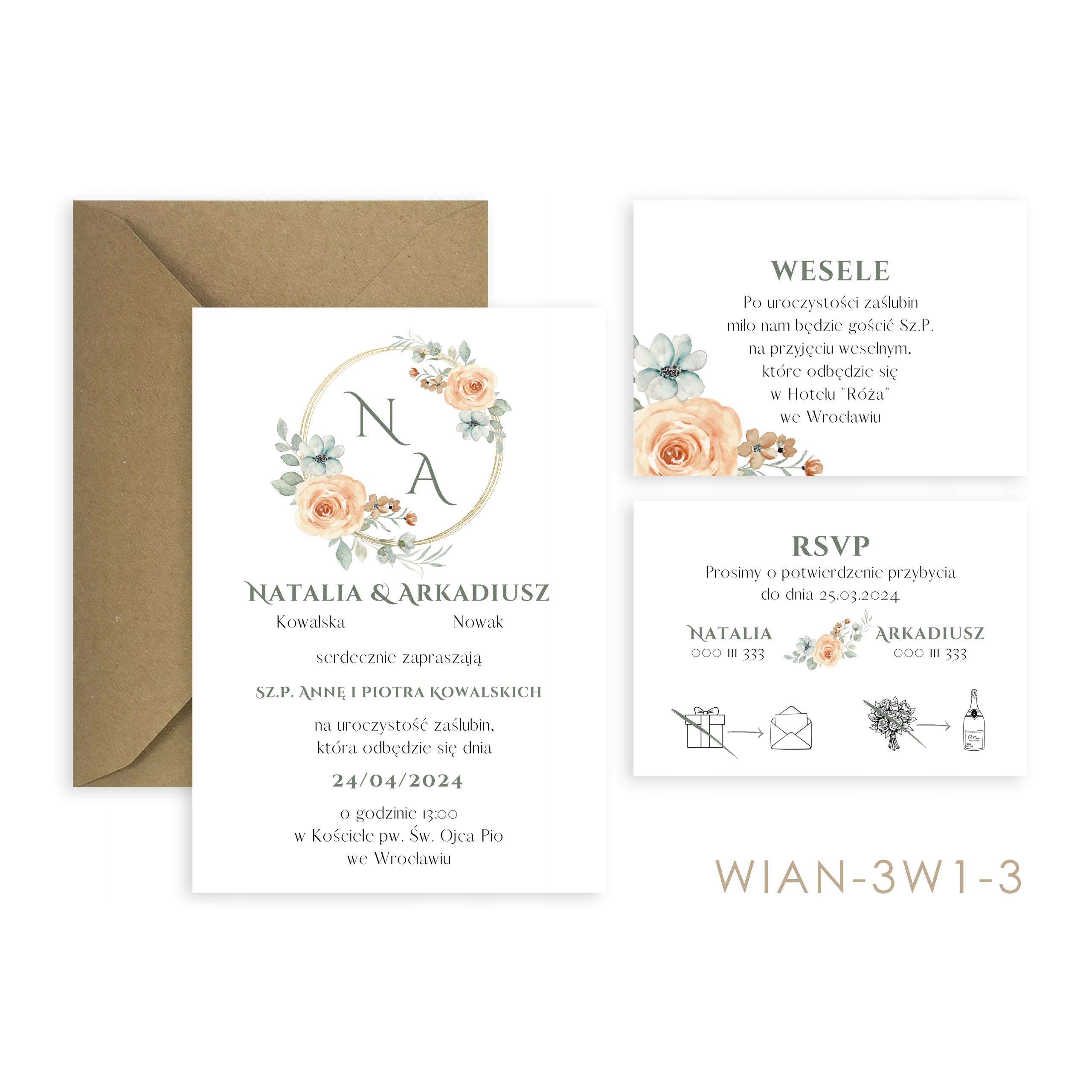 Zaproszenia Ślubne 3 w 1 WIANKI + koperta + gratis, WZORY Wysokość produktu 17 cm