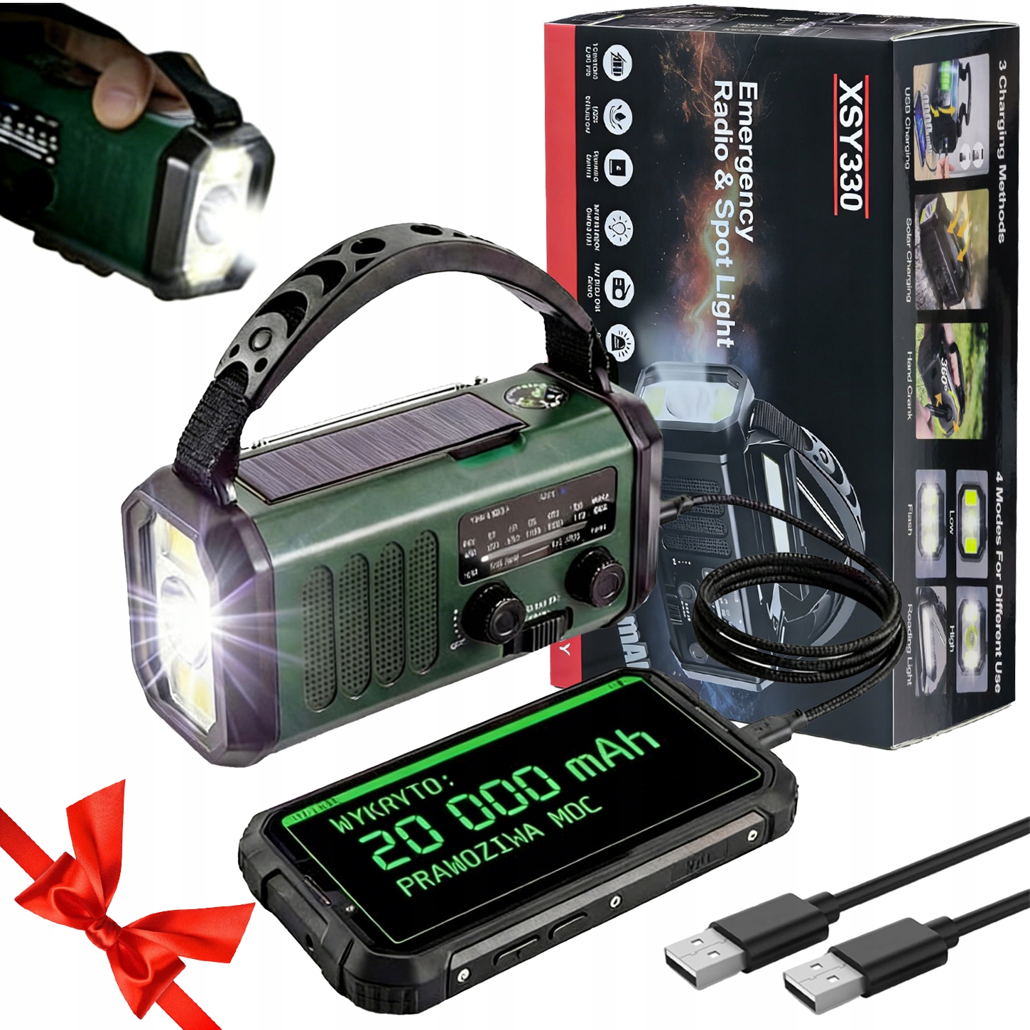 PRZENOŚNE RADIO SOLARNE 20000mAh SOS BUDOWLANE DYNAMO LATARKA POWERBANK