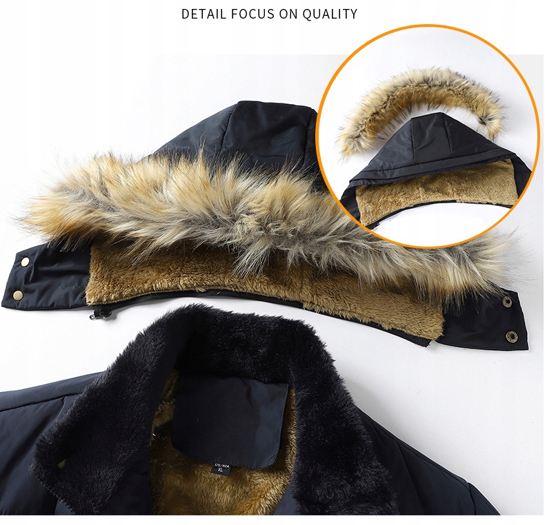 KURTKA MĘSKA ZIMOWA PARKA DŁUGA PŁASZCZ Z KAPTUREM OCIEPLANA GRUBA CIEPŁA Zapięcie zamek