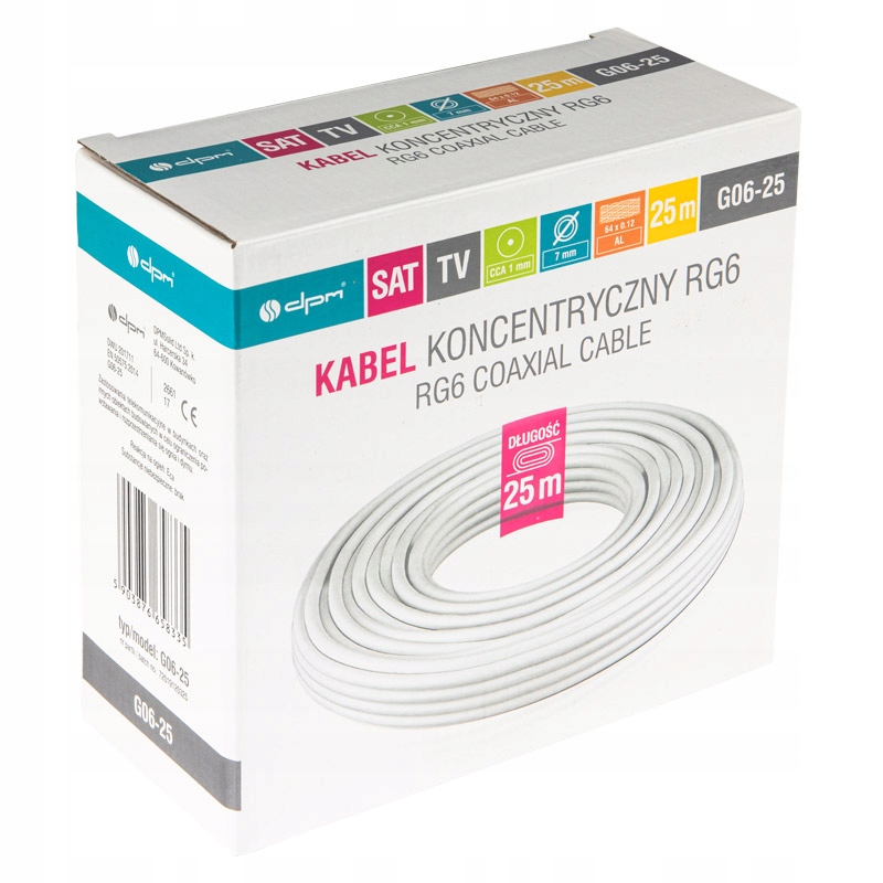 Kabel koncentryczny RG6, 1 mm CCA, 25 m, karton Marka DPM