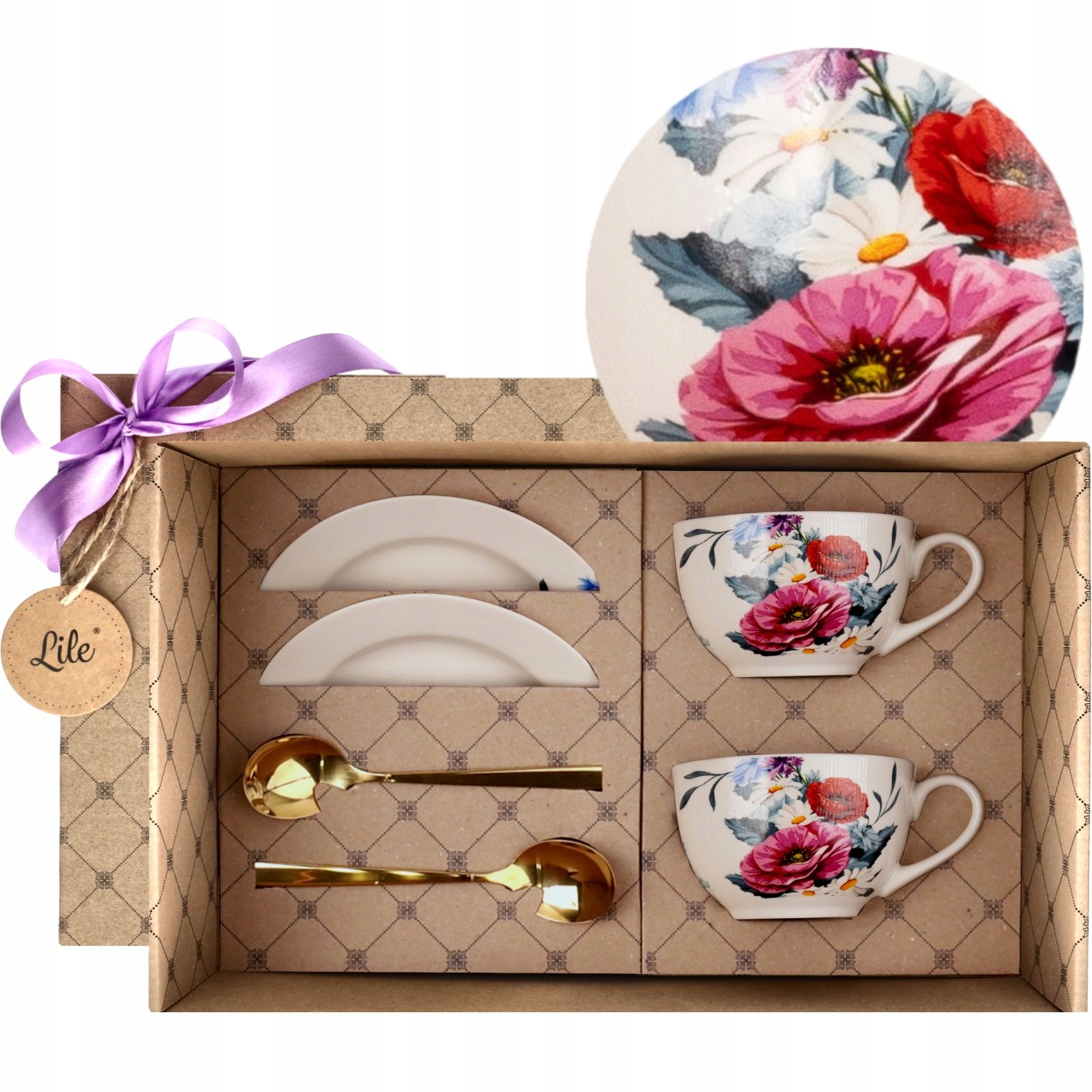 Šálky na kávu s podšálkem a lžičkou 2 ks Dárková Sada porcelán