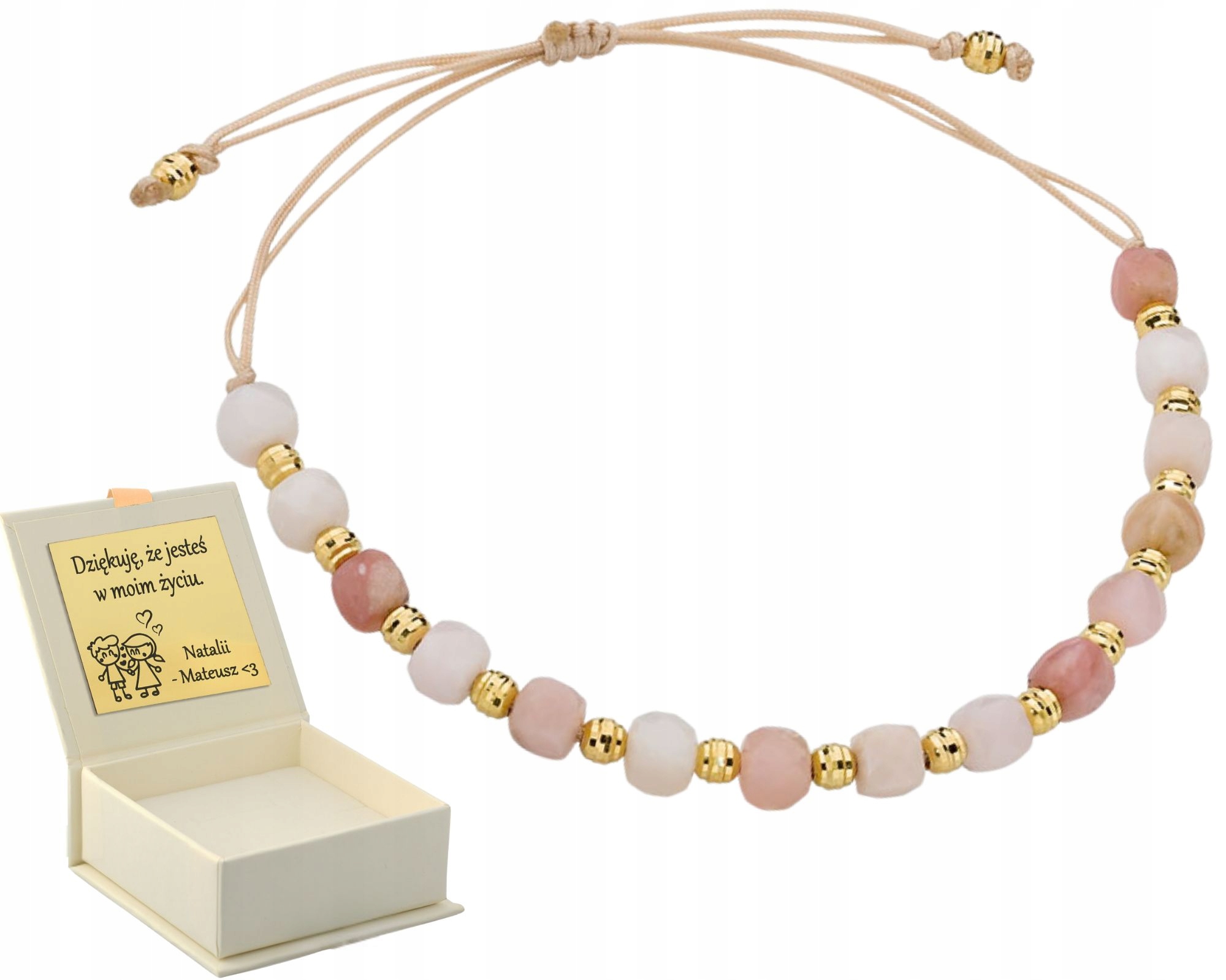 Zlatý Náramek Šňůrkový Růžový Opál A Diamantované Kuličky 585